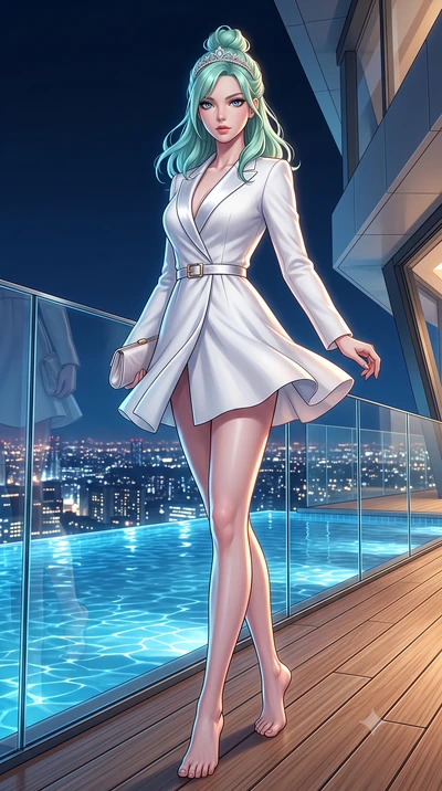 score_9, masterpiece, best quality, ultra-detailed, high-budget anime keyframe, semi-realistic 3D game render, editorial fashion photography, tasteful artistic composition, Japanese woman. low angle full-body shot from head to toe showing her feet, f