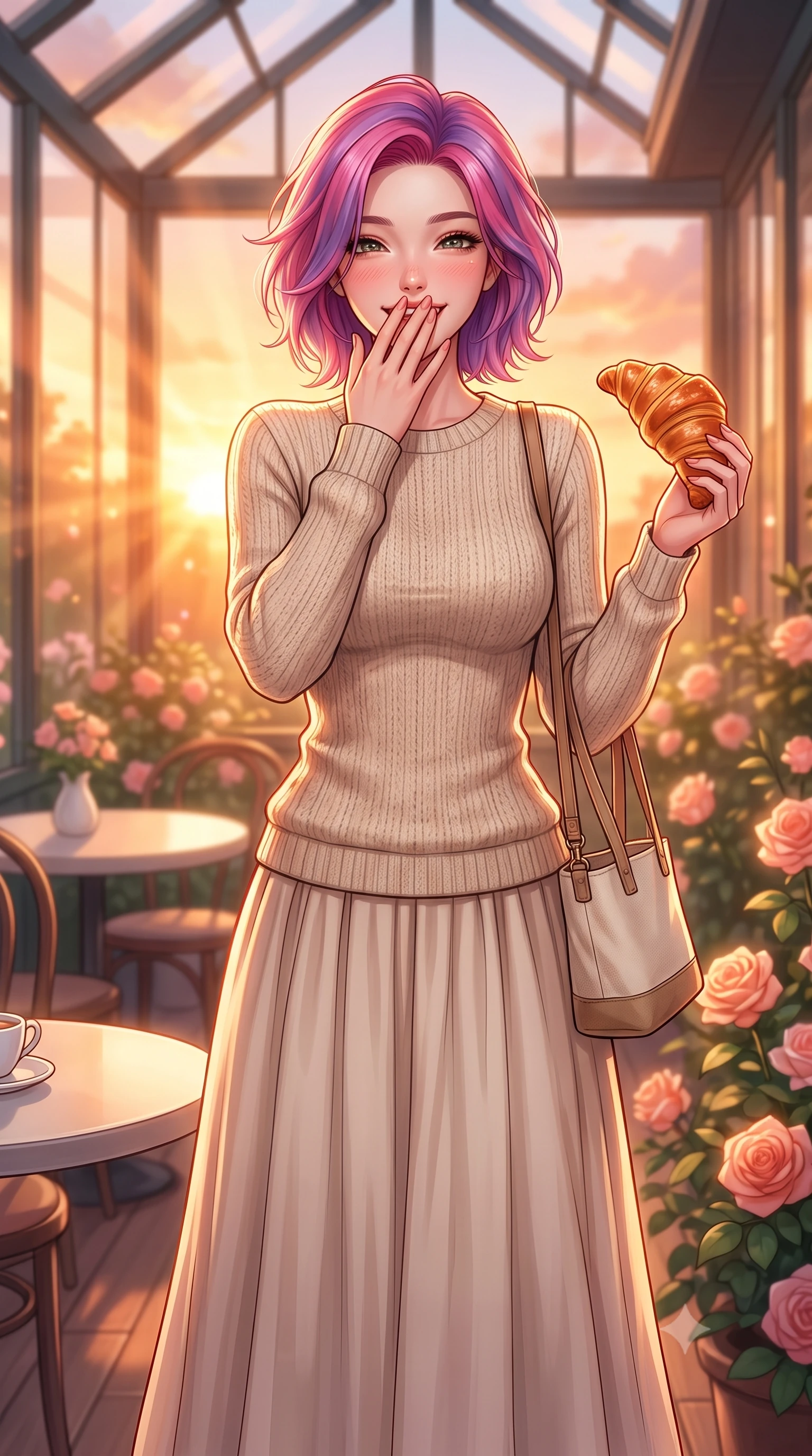 score_9, masterpiece, best quality, ultra-detailed, high-budget anime keyframe, editorial fashion photography, tasteful artistic composition, Caucasian woman. close-up cowboy shot from the waist and thighs up, the character dominates the composition, filling the frame with her large presence, background elements kept in soft focus. giggling cutely behind her hand, her eyes sparkling with joy and bright energy set against a soft-focus background of in a quiet corner table of a glass-walled garden cafe surrounded by roses holding a freshly baked croissant with a happy, delighted look. She has an exceptionally elegant, slender, and willowy female figure with an ultra-slim waist, a gracefully sculpted slender torso, and a refined silhouette. sharp v-shaped jawline, high-bridge nose, intricate jewel-like eyes with depth, thick eyelashes, glossy lips with a natural sheen. wearing body-hugging cozy oatmeal knit sweater paired with a long cotton skirt and a small canvas tote bag. golden hour sunset rays painting the cozy interior in a warm orange wash. highly saturated vibrant anime colors, detailed shading with soft gradients, rich glossy textures, high-contrast stereoscopic depth, volumetric dynamic lighting, master piece, 9:16 ratio