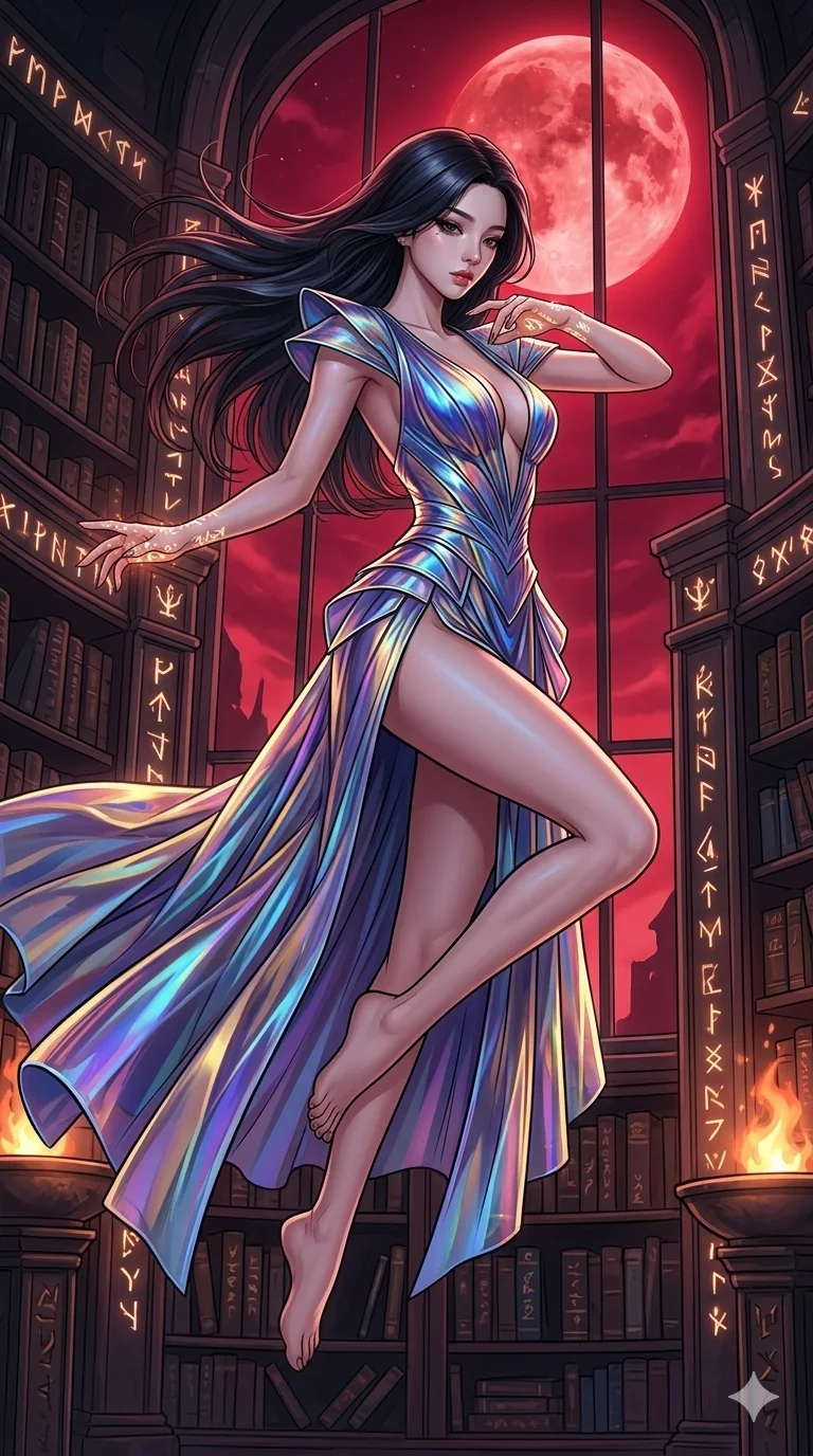score_9, masterpiece, best quality, ultra-detailed, high-budget anime movie keyframe, cinematic anime lighting, intricate line art, Japanese woman. Upper body filling screen focusing on her alluring features and slim-fit silhouette. leaping gracefully in a ancient runic library under a blood moon. She has an absolutely perfect 8-heads proportion, an exceptionally tall and slender female figure with an ultra-slim waist and impossibly long slender legs. sharp v-shaped jawline, high-bridge nose, intricate jewel-like eyes, thick eyelashes, glossy lips. Wearing avant-garde high-fashion gown made of iridescent vinyl with a dangerously high side slit and a plunging neckline, revealing an ultra-slim waist and long slender legs. The scene is illuminated by dramatic atmospheric lighting and vibrant color palettes. , 2k, ultra detail, master piece, 9:16 ratio