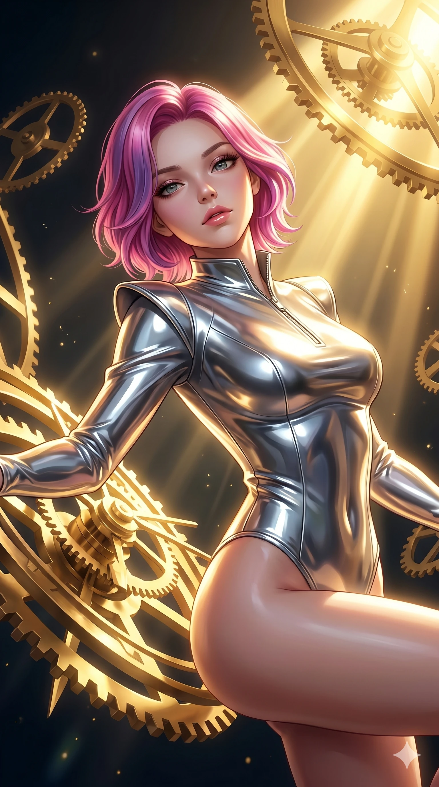 score_9, masterpiece, best quality, ultra-detailed, high-budget anime keyframe, editorial fashion photography, tasteful artistic composition, Caucasian woman, strictly human ears. Upper body close-up from the thighs up, character filling the screen for maximum presence. She is intertwined with massive floating gold gears and clockwork mechanisms suspended in a void. She leans back gracefully, looking at the camera with a dreamy, captivating gaze. She has an absolutely perfect 8-heads proportion, a tall and elegant figure with a refined silhouette and a defined waistline. V-shaped jawline, high-bridge nose, intricate jewel-like eyes with depth, thick eyelashes, glossy lips with a natural sheen. She is wearing a sleek tailored top in liquid-chrome finish that complements her silhouette, styled with sophisticated architectural shoulder accents and a modern zip collar. The scene is illuminated by warm, blindingly bright golden spotlights and sharp volumetric light rays. 2k, ultra detail, master piece, 9:16 ratio