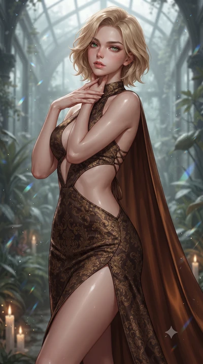 score_9, masterpiece, best quality, ultra-detailed, high-budget anime keyframe, editorial fashion photography, tasteful artistic composition, Caucasian woman. close-up cowboy shot from the waist and thighs up, the character dominates the composition,