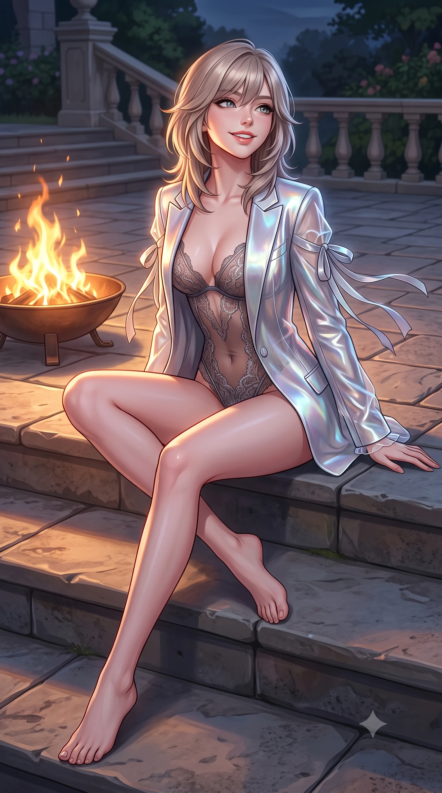 score_9, masterpiece, best quality, ultra-detailed, high-budget anime keyframe, semi-realistic 3D game render, editorial fashion photography, tasteful artistic composition, Japanese woman. low angle full-body shot from head to toe showing her feet, filling the entire 9:16 vertical frame with her statuesque presence, stretching her vertical silhouette. sitting poised on the stone steps with one knee bent, arching her spine with supermodel elegance as she glances upward through thick eyelashes while twisting her slender torso in an alluring contrapposto stance beside the terrace fire bowl, golden flame ribbons tracing her narrow waist and hips. The surrounding environment is rendered in vivid detail and crisp panoramic clarity: detailed garment cut, bodycon fit, and breathtaking gorge engineering in high resolution. She has an exceptionally tall and slender model-like 8.5-heads proportion, an ultra-slim waist, a flat toned midriff, narrow delicate ribcage, and beautifully sculpted feminine hips creating a graceful, slim hourglass silhouette without any bulky heaviness, with impossibly long slender legs. sharp v-shaped jawline, high-bridge nose, intricate jewel-like sparkling eyes with depth, thick eyelashes, glossy parted lips with a natural peach sheen, bright cheerful beaming smile with an enchanting and coquettish sensual glint, exuding both youthful cute charm and seductive allure, flawlessly proportioned anatomical accuracy, strict slender model proportions, natural body alignment, perfectly sculpted long slender limbs, ultra-slim waistline, clean dynamic posture without body distortion. wearing a delicate sheer French Chantilly lace teddy layered under an open tailored tuxedo blazer draped over bare shoulders in liquid molten silver and iridescent mother-of-pearl, crafted from translucent silk organza with an ethereal crystalline sheen, finished with satin ribbon ties at the shoulders fluttering in the gentle breeze, the form-contouring silhouette accentuating her sculpted flat midriff, narrow delicate ribcage, and gracefully curvy hips with intoxicating allure. illuminated by stone deck bounce and sharp copper-gold rim lights sculpting her jawline, narrow waist, and curvy hips. highly saturated vibrant anime colors, detailed shading with soft gradients, rich glossy textures, high-contrast stereoscopic depth, volumetric dynamic lighting, master piece, 9:16 ratio