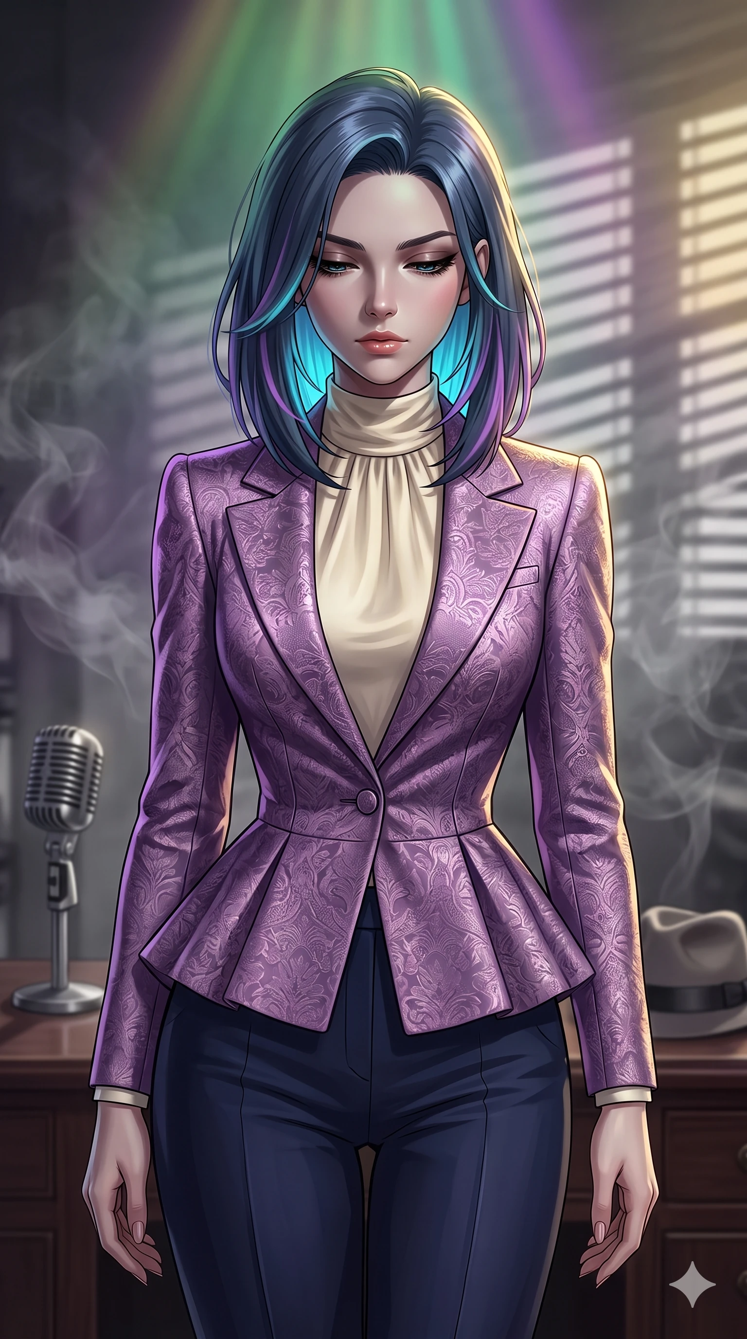 score_9, masterpiece, best quality, ultra-detailed, high-budget anime keyframe, editorial fashion photography, tasteful artistic composition, Caucasian woman, strictly human ears. close-up cowboy shot from the waist and thighs up, the character dominates the composition, filling the frame with her large presence, background elements kept in soft focus. Looking down with lowered lashes and a composed powerful expression. set against a soft-focus background of a classic monochrome film noir movie set with venetian blind shadows cutting across the space smoky tendrils drifting past a vintage microphone and a fedora resting on a mahogany desk. She has an exceptionally elegant and slender, willowy female figure with an ultra-slim waist, a gracefully sculpted slender torso, and a refined slim physique. sharp v-shaped jawline, high-bridge nose, intricate jewel-like eyes with depth, thick eyelashes, glossy lips with a natural sheen. wearing a sophisticated peplum jacket in rich lilac brocade over a high-neck cream silk blouse and tailored navy cigarette pants. illuminated by a shifting aurora palette of green violet and gold from above. 2k, ultra detail, master piece, 9:16 ratio