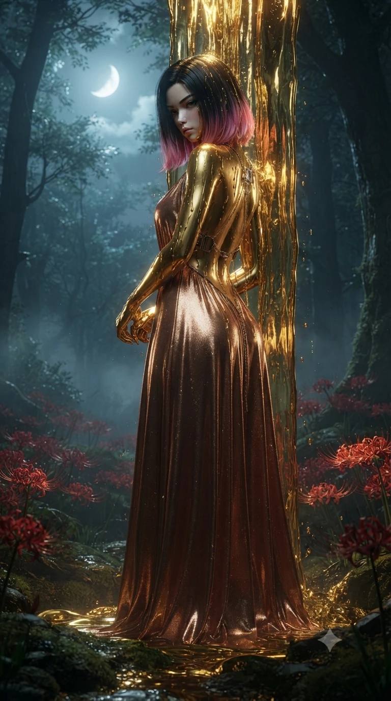 score_9, masterpiece, best quality, ultra-detailed, High-budget Anime Keyframe, editorial fashion photography, tasteful artistic composition, realistic cosplay photography, East Asian woman. Low angle cowboy shot filling the entire 9:16 frame with her statuesque presence. Scenario 496: standing under a waterfall of liquid gold, the fluid coating her form, in a misty dark forest under a crescent moon with red spider lilies blooming. Her presence is magnetic and overpowering in this high-budget cinematic scene. Outfit 496: a slim-fit metallic copper shimmering chiffon bodysuit with a dramatic backless design and metallic buckles. The clothing is designed to emphasize her exceptionally tall and slender 8-heads proportion. 8-heads proportion, towering silhouette, ultra-slim waist. sharp v-shaped jawline, intricate jewel-like eyes with depth, thick eyelashes, glossy lips. ultra-reflective glossy finish, specular highlights, metallic sheen, high-contrast stereoscopic depth, volumetric dynamic lighting, 2k, ultra detail, master piece, 9:16 ratio