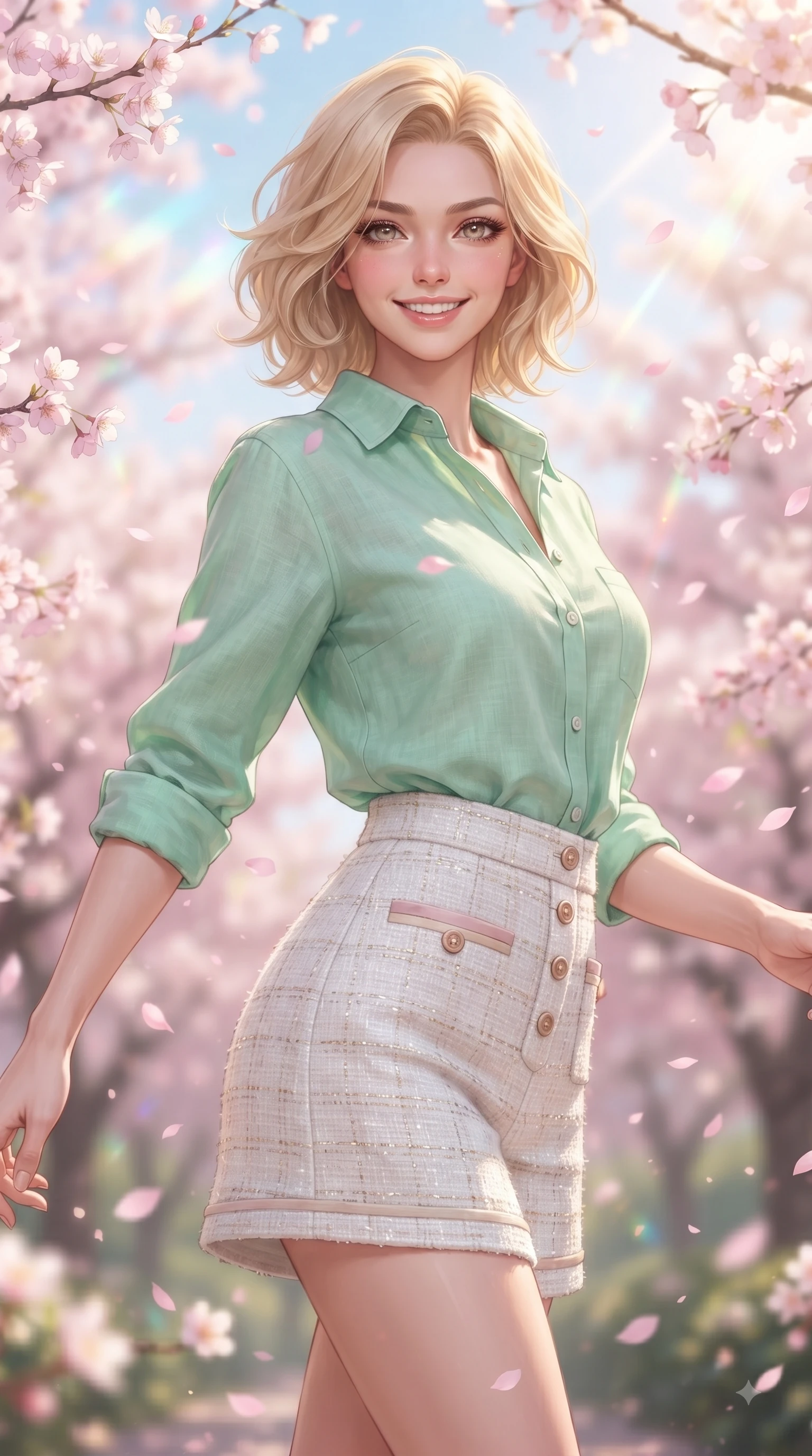 score_9, masterpiece, best quality, ultra-detailed, high-budget anime keyframe, editorial fashion photography, tasteful artistic composition, Caucasian woman. close-up cowboy shot from the waist and thighs up, the character dominates the composition, filling the frame with her large presence. Gazing directly into the camera with a fresh, infectious smile as her torso curves dynamically in mid-stride while pivoting dynamically with a beaming smile as delicate pink cherry blossom petals shower around her. The composition keeps background elements in soft focus with dreamy bokeh. pastel spring sky refractions and flower branches blurred in smooth creamy depth. She has an exceptionally elegant, slender, and willowy female figure with an ultra-slim waist, a gracefully sculpted slender torso, and a refined silhouette. sharp v-shaped jawline, high-bridge nose, intricate jewel-like eyes with depth, thick eyelashes, glossy lips with a natural sheen, flawlessly proportioned anatomical accuracy, natural body alignment, perfectly sculpted elegant limbs, clean dynamic posture without body distortion. wearing a fresh mint green linen button-down shirt paired with tailored white Bermuda shorts in cherry blossom pink and soft beige, tailored from soft pastel tweed with subtle metallic thread, finished with neat front wooden buttons and pocket details, the soft airy drape swaying gracefully with her dynamic movements. bathed in bright morning sunbeams and warm golden sakura backlighting. ultra-reflective glossy finish, specular highlights, metallic sheen, high-contrast stereoscopic depth, volumetric dynamic lighting, 2k, ultra detail, master piece, 9:16 ratio