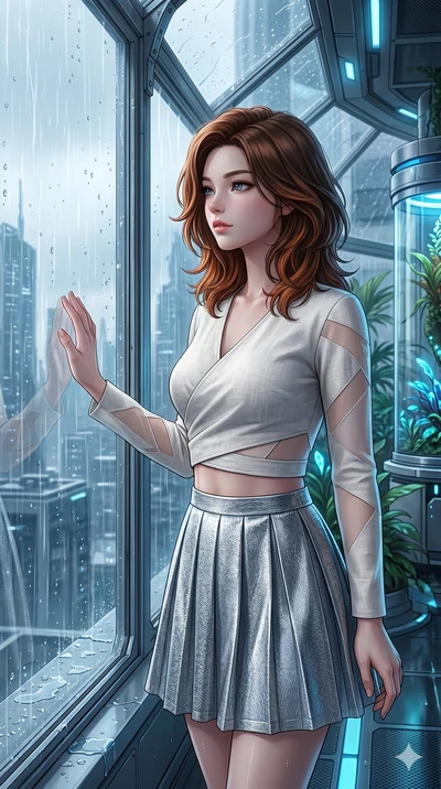 score_9, masterpiece, best quality, ultra-detailed, high-budget anime keyframe, Korean woman. Upper body close-up from the thighs up, character filling the screen for maximum presence. Inside a biotech dome next to a glass greenhouse window, watching
