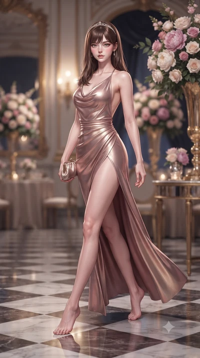 score_9, masterpiece, best quality, ultra-detailed, high-budget anime keyframe, editorial fashion photography, tasteful artistic composition, Korean woman. low angle full-body shot from head to toe showing her feet, filling the entire 9:16 vertical f