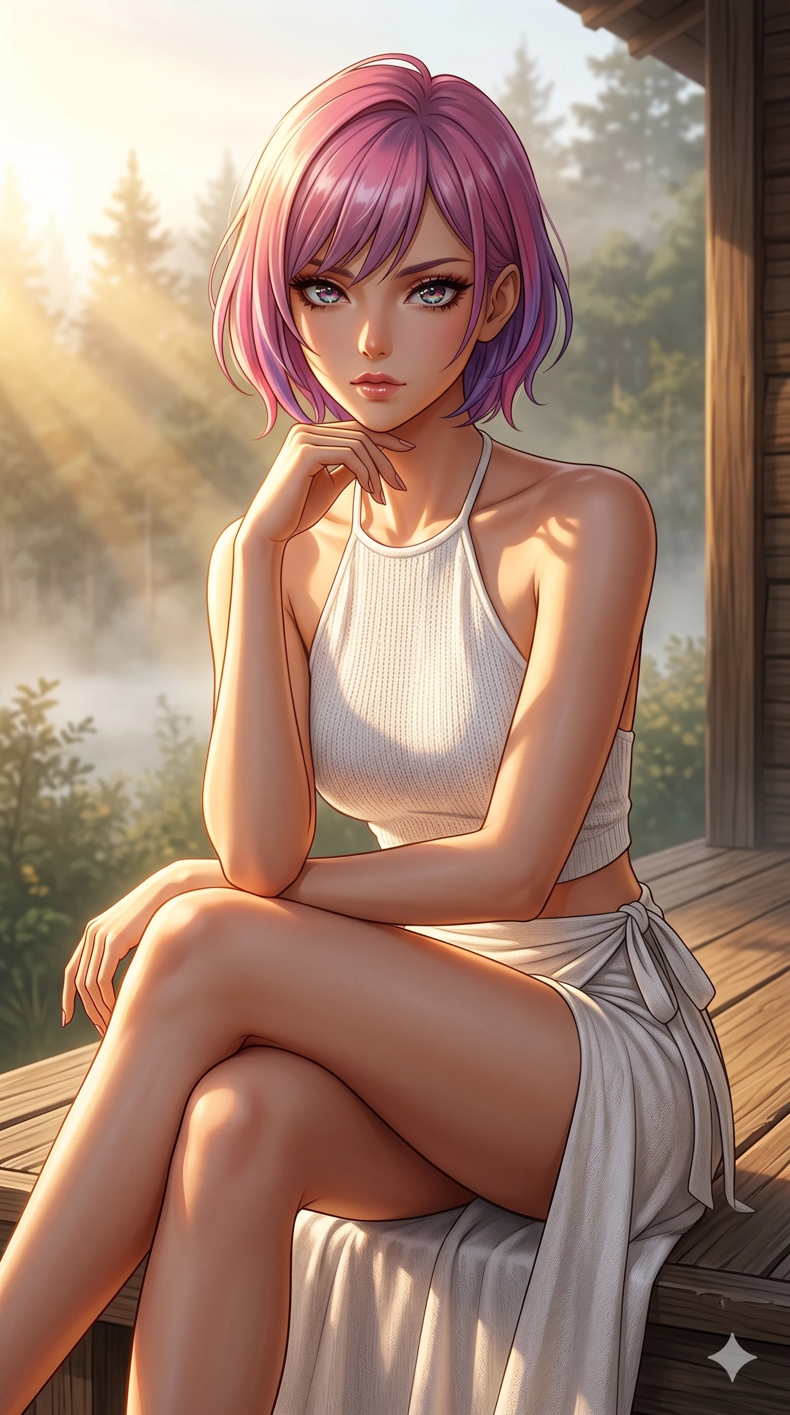 score_9, masterpiece, best quality, ultra-detailed, high-budget anime keyframe, editorial fashion photography, tasteful artistic composition, Caucasian woman, strictly human ears. cowboy shot from the thighs up, character and outfit filling the frame for maximum editorial presence. resting her chin on her fingers, looking directly into the lens with a piercing, mysterious gaze on a secluded wooden sun-terrace of a forest cabin at dawn with morning mist rising (Code-P038). She has an absolutely perfect 8-heads proportion, an exceptionally tall and slender female figure with impossibly long slender legs and an ultra-slim waist. V-shaped jawline, high-bridge nose, intricate jewel-like eyes with depth, thick eyelashes, glossy lips with a natural sheen. wearing a white knit halter top showing her elegant clavicle lines, and a high-slit wrap skirt. drenched in brilliant afternoon sunshine, casting warm rays that trace the curves of her athletic figure. 2k, ultra detail, master piece, 9:16 ratio