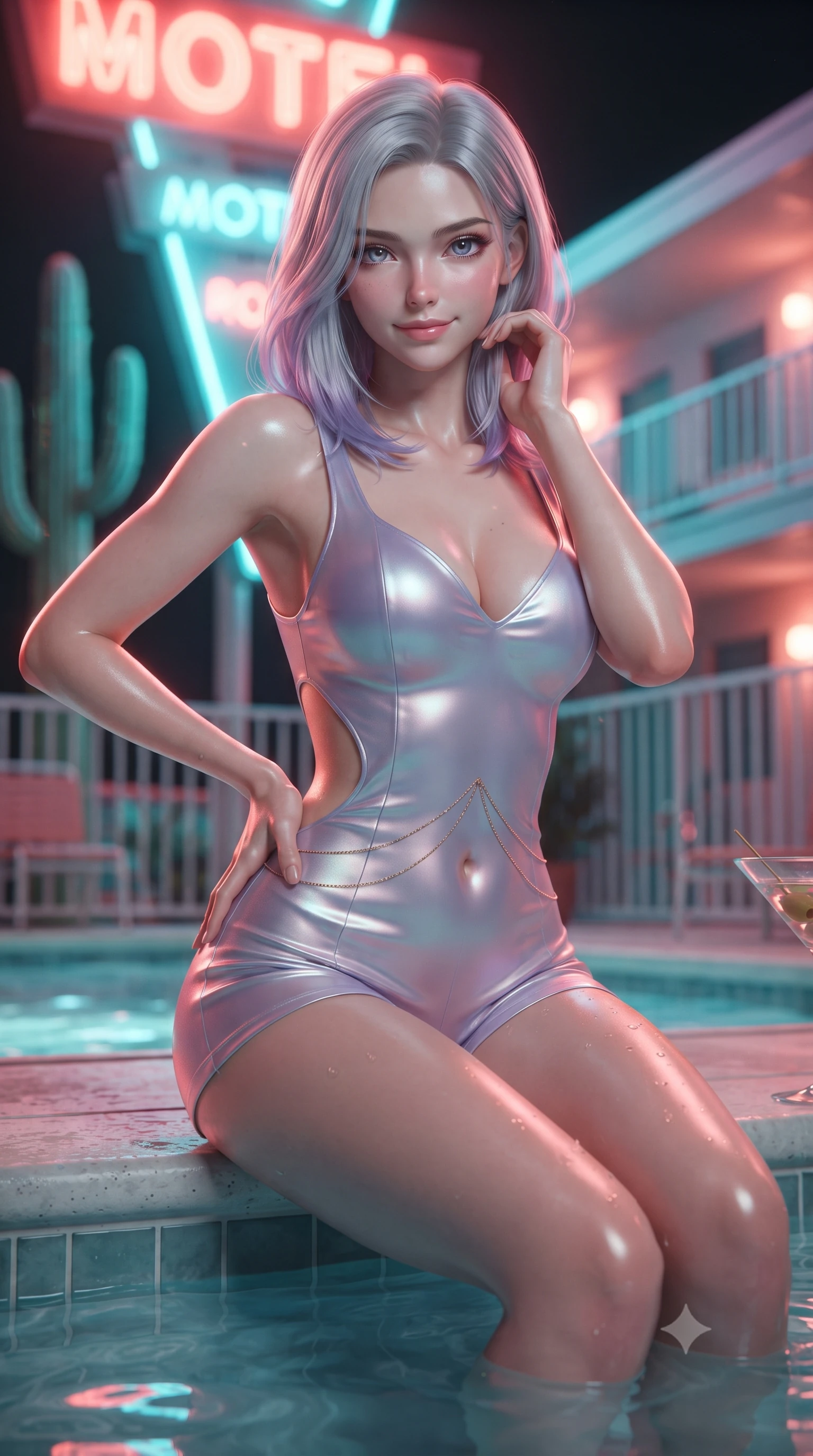 score_9, masterpiece, best quality, ultra-detailed, high-budget anime keyframe, editorial fashion photography, tasteful artistic composition, Caucasian woman. close-up cowboy shot from the waist and thighs up, the character dominates the composition, filling the frame with her large presence. twisting her slender torso in an alluring contrapposto stance, one hand resting on her sculpted hip while her fingers toy with her hair with effortless poise while sitting perched on the pool steps with water lapping at her thighs, holding a cocktail with effortless retro roadside cool. The background shows a soft-focus glowing neon motel sign letters, towering saguaro silhouettes, and motel balcony railings blurred into turquoise, coral, and violet bokeh. She has an exceptionally elegant, slender, and willowy female figure with an ultra-slim waist, flat toned midriff, narrow ribcage, and sculpted feminine hips creating an alluring, slim hourglass silhouette without bulk. sharp v-shaped jawline, high-bridge nose, sparkling eyes with hypnotic seductive depth, thick curled eyelashes, glossy parted lips with a natural dewy peach sheen, alluring bedroom-eyes with an enchanting coquettish smile, exuding magnetic siren charisma and sophisticated glamour, flawlessly proportioned anatomical accuracy, strict slender model proportions, natural body alignment, perfectly sculpted long slender limbs, ultra-slim waistline, clean dynamic posture without body distortion. wearing a deep sweetheart-neckline buckskin bodycon romper with side-hip cutouts accentuating her hourglass curves in iridescent mother-of-pearl and dusk lavender, crafted from fluid liquid silk satin that clings smoothly to every curve with a dewy sheen, accented with a dainty gold belly chain resting across her flat midriff and curving hips, the precision-cut side openings and low-back scoop framing her graceful spine and the sensual sweep of her slim, toned hips. bathed in glowing neon coral-and-cyan light radiating from the vintage roadside motel sign. ultra-reflective glossy finish, specular highlights, rich textural contrasts, high-contrast stereoscopic depth, volumetric dynamic lighting, 2k, ultra detail, master piece, 9:16 ratio