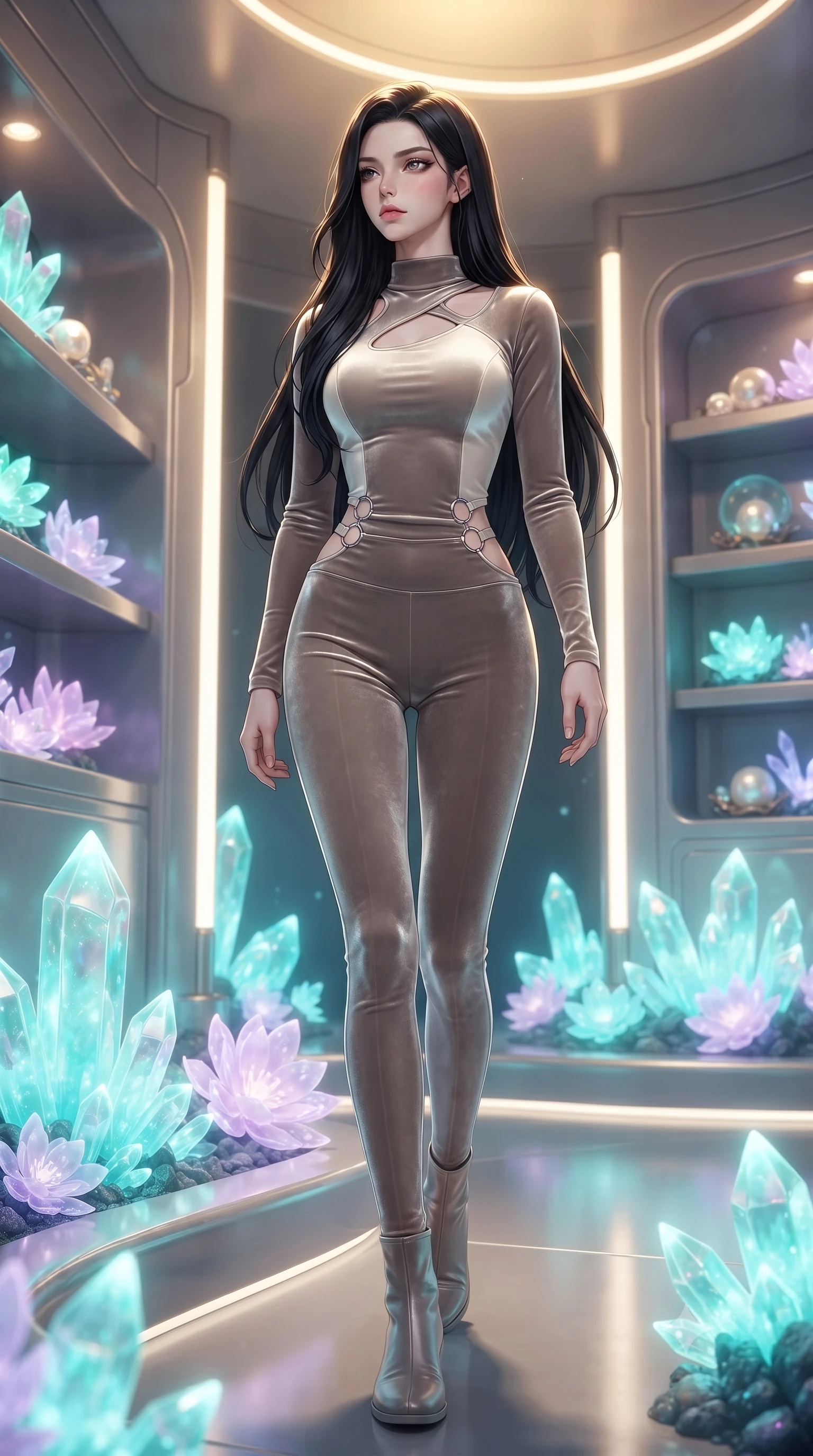 score_9, masterpiece, best quality, ultra-detailed, high-budget anime keyframe, editorial fashion photography, tasteful artistic composition, Korean woman. low angle full-body shot from head to toe showing her feet, filling the entire 9:16 vertical frame with her statuesque presence, stretching her vertical silhouette. stepping forward with proud posture, filling the vertical frame with her magnetic presence standing beside a pearl archive sanctuary filled with glowing sea crystals, glowing coral blossoms emitting soft aqua and lavender light. She has an absolutely perfect, statuesque 8.5-heads proportion, an exceptionally tall and slender model-like female figure with impossibly long slender legs and an ultra-slim waist. sharp v-shaped jawline, high-bridge nose, intricate jewel-like eyes with depth, thick eyelashes, glossy lips with a natural sheen. wearing a form-fitting ribbed activewear set with collar cutouts in muted taupe and soft ivory, made of premium stretch velvet with a rich sheen, accented with delicate chrome ring hardware framing her waist, the sleek second-skin texture accentuating her magnetic presence. illuminated by luminous aqua bioluminescence and warm golden top lighting. highly saturated vibrant anime colors, detailed shading with soft gradients, rich glossy textures, high-contrast stereoscopic depth, volumetric dynamic lighting, master piece, 9:16 ratio