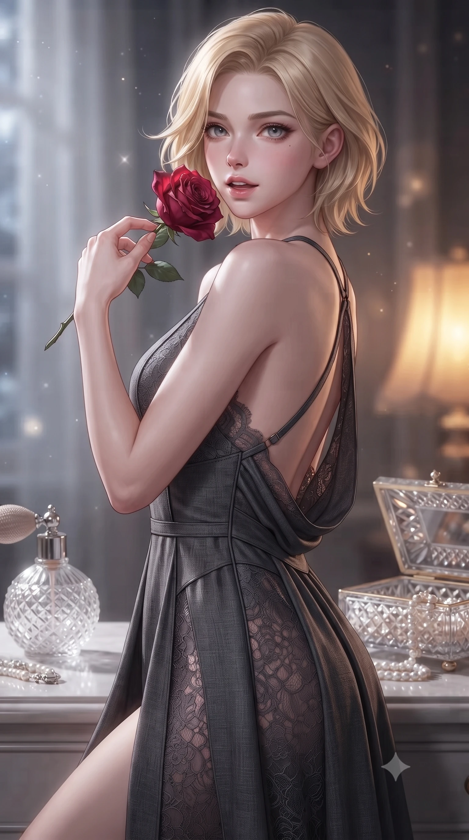 score_9, masterpiece, best quality, ultra-detailed, high-budget anime keyframe, editorial fashion photography, tasteful artistic composition, Caucasian woman. close-up cowboy shot from the waist and thighs up, the character dominates the composition, filling the frame with her large presence, background elements kept in soft focus. gasping softly with a charming expression, holding a rose stem near her cheek with a magnetic stare set against a soft-focus background of inside an exclusive private spa pavilion with a vintage perfume atomizer and crystal jewelry box reflecting soft light. She has an exceptionally elegant, slender, and willowy female figure with an ultra-slim waist, a gracefully sculpted slender torso, and a refined silhouette. sharp v-shaped jawline, high-bridge nose, intricate jewel-like eyes with depth, thick eyelashes, glossy lips with a natural sheen. wearing tailored charcoal delicate lace backless linen halter dress featuring delicate straps and a draped open-back design featuring refined tailored seams. illuminated by soft silver moonlight contrasting with the warm amber glow of a nearby lamp. ultra-reflective glossy finish, specular highlights, metallic sheen, high-contrast stereoscopic depth, volumetric dynamic lighting, 2k, ultra detail, master piece, 9:16 ratio