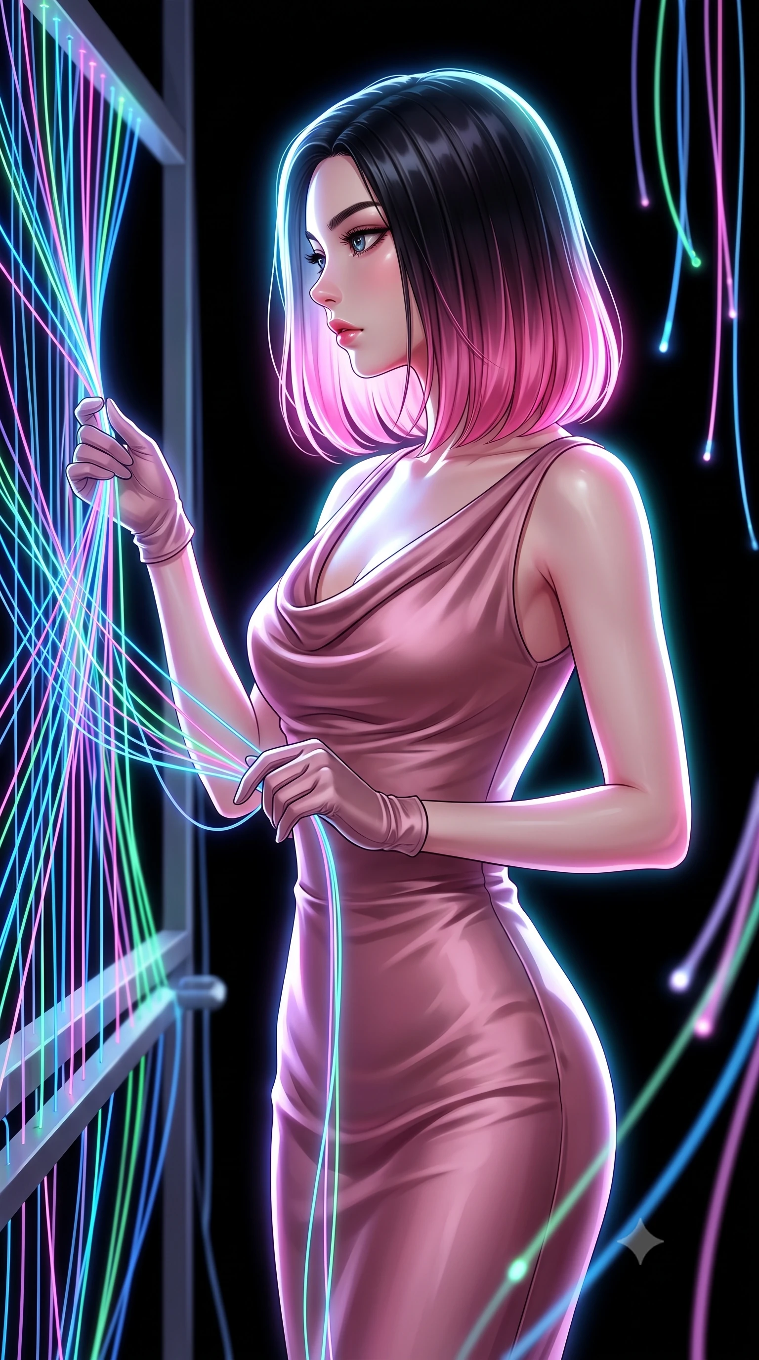 score_9, masterpiece, best quality, ultra-detailed, high-budget anime keyframe, editorial fashion photography, tasteful artistic composition, Korean woman. close-up cowboy shot from the waist and thighs up, the character dominates the composition, filling the frame with her large presence, background elements kept in soft focus. Turning her face in sharp dramatic profile against the bright light, showcasing her sharp v-shaped jawline threading fluorescent fiber optic lines on a massive 3D light loom, high-contrast black void background making the light threads pop brilliantly. She has an exceptionally elegant, slender, and willowy female figure with an ultra-slim waist, a gracefully sculpted slender torso, and a refined silhouette. sharp v-shaped jawline, high-bridge nose, intricate jewel-like eyes with depth, thick eyelashes, glossy lips with a natural sheen. wearing an elegant cowl-neck satin midi dress in dusty rose with a graceful draped neckline, the form-contouring material highlighting her ultra-slim waist and long lines. surrounded by a vibrant fluorescent aura with bright rim highlights. highly saturated vibrant anime colors, detailed shading with soft gradients, rich glossy textures, high-contrast stereoscopic depth, volumetric dynamic lighting, master piece, 9:16 ratio