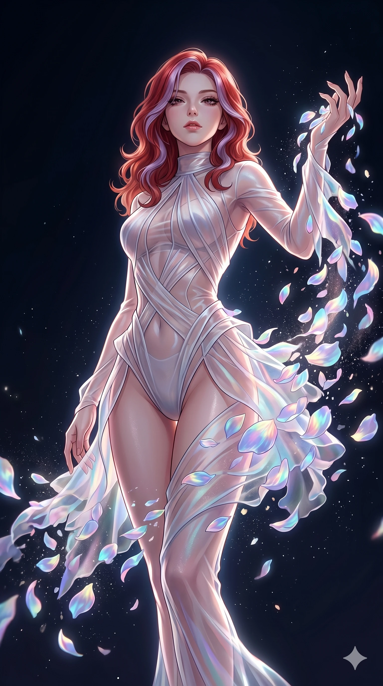 score_9, masterpiece, best quality, ultra-detailed, High-budget Anime Keyframe, East Asian woman. Low angle cowboy shot filling the entire 9:16 frame with her statuesque presence. Scenario 41: Dissolving into a cloud of iridescent silk petals in a void. Her presence is magnetic and overpowering in this high-budget anime scene. Outfit 41: A sheer organza dangerous with a high-cut leg line and tight-fitting silhouette. The clothing is designed to emphasize her exceptionally tall and slender 8-heads proportion. 8-heads proportion, towering silhouette, ultra-slim waist. sharp v-shaped jawline, intricate jewel-like eyes with depth, thick eyelashes, glossy lips. 2k, ultra detail, master piece, 9:16 ratio