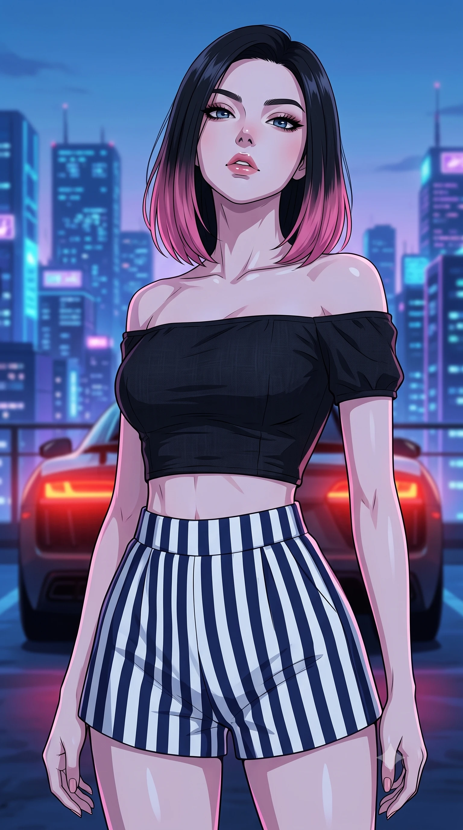 score_9, masterpiece, best quality, ultra-detailed, high-budget anime keyframe, tasteful artistic composition, Korean woman. close-up cowboy shot from the waist and thighs up, the character dominates the composition, filling the frame with her large presence, background elements kept in soft focus. tilting her chin up slightly with lips parted in a composed, provocative expression the background shows a soft-focus a high-end garage rooftop overlooking a neon metropolis at twilight. She has an exceptionally elegant, slender, and willowy female figure with an ultra-slim waist, a gracefully sculpted slender torso, and a refined silhouette. sharp v-shaped jawline, high-bridge nose, intricate jewel-like eyes with depth, thick eyelashes, glossy lips with a natural sheen. wearing a tailored chic off-shoulder crop top in black linen, paired with high-waisted striped resort shorts. cool blue city twilight key light contrasting with the warm red rear lights of a car. highly saturated vibrant anime colors, cel-shading, 2d style, master piece, 9:16 ratio