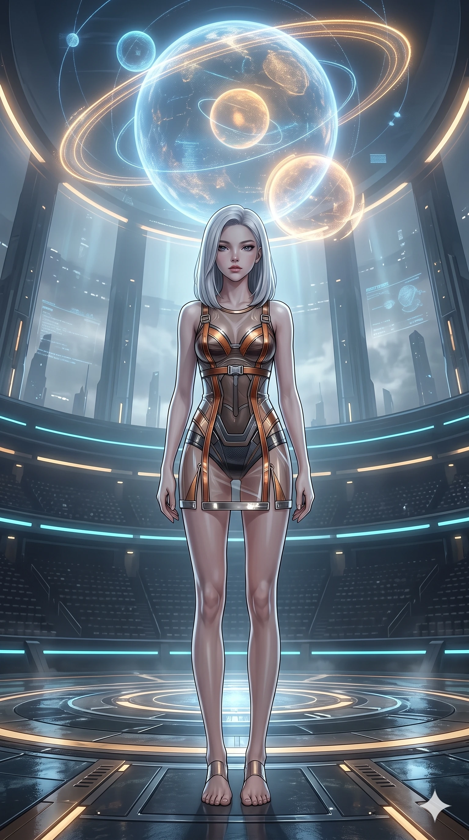 score_9, masterpiece, best quality, ultra-detailed, high-budget anime keyframe, semi-realistic 3D game render, editorial fashion photography, tasteful artistic composition, Korean woman. low angle full-body shot from head to toe showing her feet, filling the entire 9:16 vertical frame with her statuesque presence, stretching her vertical silhouette. standing poised between colossal monoliths rising from alien ground, arching her back with sovereign ancient-future grace while standing in the center of the semicircular amphitheater beneath a colossal floating planetary matrix, arching her spine with sovereign authority as hundreds of holographic diplomatic delegations surround her. The background shows a soft-focus colossal floating holographic rotating planetary spheres, multi-tiered semicircular council seating rows, and recessed lighting strips softened in prestigious sci-fi senate shallow focus. She has an absolutely perfect, statuesque 8.5-heads proportion, an exceptionally tall and slender model-like female figure with impossibly long slender legs, an ultra-slim waist, a flat toned midriff, narrow delicate ribcage, and beautifully sculpted feminine hips creating a graceful, slim hourglass silhouette without any bulky heaviness. sharp v-shaped jawline, high-bridge nose, intricate jewel-like sparkling eyes with depth, thick eyelashes, glossy parted lips with a natural sheen, bright confident smile with an enchanting and coquettish sensual glint, exuding both youthful magnetic charm and sovereign high-tech allure, flawlessly proportioned anatomical accuracy, strict slender model proportions, natural body alignment, perfectly sculpted long slender limbs, ultra-slim waistline, clean dynamic posture without body distortion. wearing a plunge-front sheer illusion technical mesh slip dress with liquid platinum ribbon stripes hugging her curves in fiery geothermal copper and molten amber glow, formed from supple thermal silicone composite adhering seamlessly like a second skin, finished with polished chrome buckle hardware and modular magnetic holster clasps, the glove-like clinging cut tightly following the natural contour of her hips and long slender legs with youthful 8.5-heads elegance. bathed in the majestic, balanced ambient glow of floating holographic worlds mixed with dramatic overhead parliamentary spotlights. highly saturated vibrant anime colors, detailed shading with soft gradients, rich glossy textures, high-contrast stereoscopic depth, volumetric dynamic lighting, master piece, 9:16 ratio