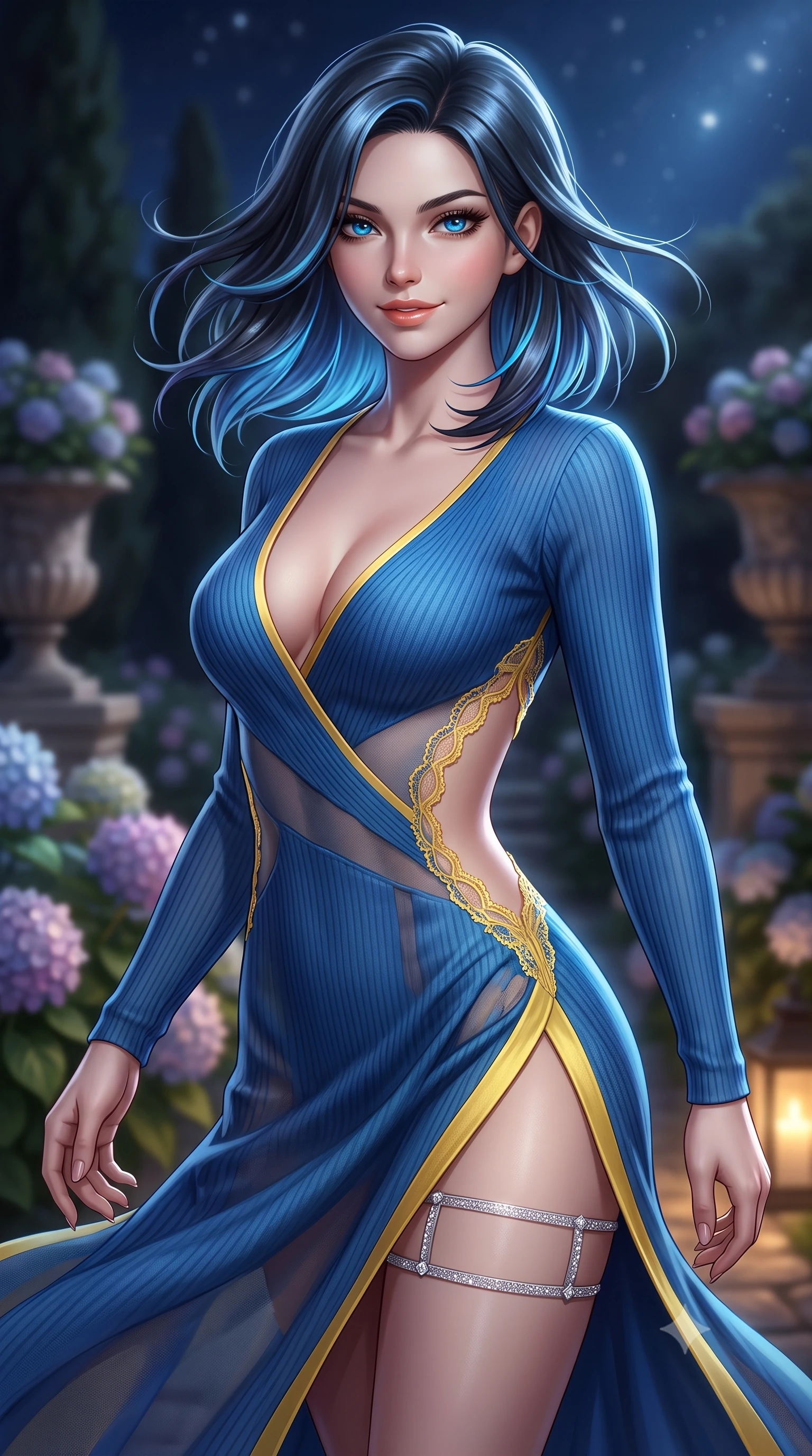 score_9, masterpiece, best quality, ultra-detailed, high-budget anime keyframe, semi-realistic 3D game render, editorial fashion photography, tasteful artistic composition, Caucasian woman. close-up cowboy shot from the waist and thighs up, the character dominates the composition, filling the frame with her large presence. turning slowly with an enchanting smoldering smile, her glossy hair tossing in the breeze as her hips angle gracefully in a captivating contrapposto while twisting her slender torso in an alluring S-curve, midnight coastal breezes fluttering her dress around her flat midriff and feminine hips. The background shows a soft-focus blooming hydrangeas and stone urns softened in historic Italian garden shallow focus. She has an exceptionally elegant, slender, and willowy female figure with an ultra-slim waist, flat toned midriff, narrow ribcage, and sculpted feminine hips creating an alluring, slim hourglass silhouette without bulk. sharp v-shaped jawline, high-bridge nose, sparkling eyes with hypnotic seductive depth, thick curled eyelashes, glossy parted lips with a natural dewy peach sheen, alluring bedroom-eyes with an enchanting coquettish smile, exuding magnetic siren charisma and sophisticated glamour, flawlessly proportioned anatomical accuracy, strict slender model proportions, natural body alignment, perfectly sculpted long slender limbs, ultra-slim waistline, clean dynamic posture without body distortion. wearing a plunging V-neck fine rib-knit sweater dress with daring side-lace openings tracing her hip curve in Amalfi azure blue and sunlit lemon gold, made of semi-opaque stretch illusion mesh with soft shadowy contours, finished with delicate crystal-encrusted thigh garter straps glinting in the dim light, the high-slit wrap tailoring accentuating her ultra-slim waistline and the enchanting curve of her feminine hips with alluring seductive charm. bathed in warm 2800K garden walkway lantern light combined with brilliant celestial starlight. highly saturated vibrant anime colors, detailed shading with soft gradients, rich glossy textures, high-contrast stereoscopic depth, volumetric dynamic lighting, master piece, 9:16 ratio