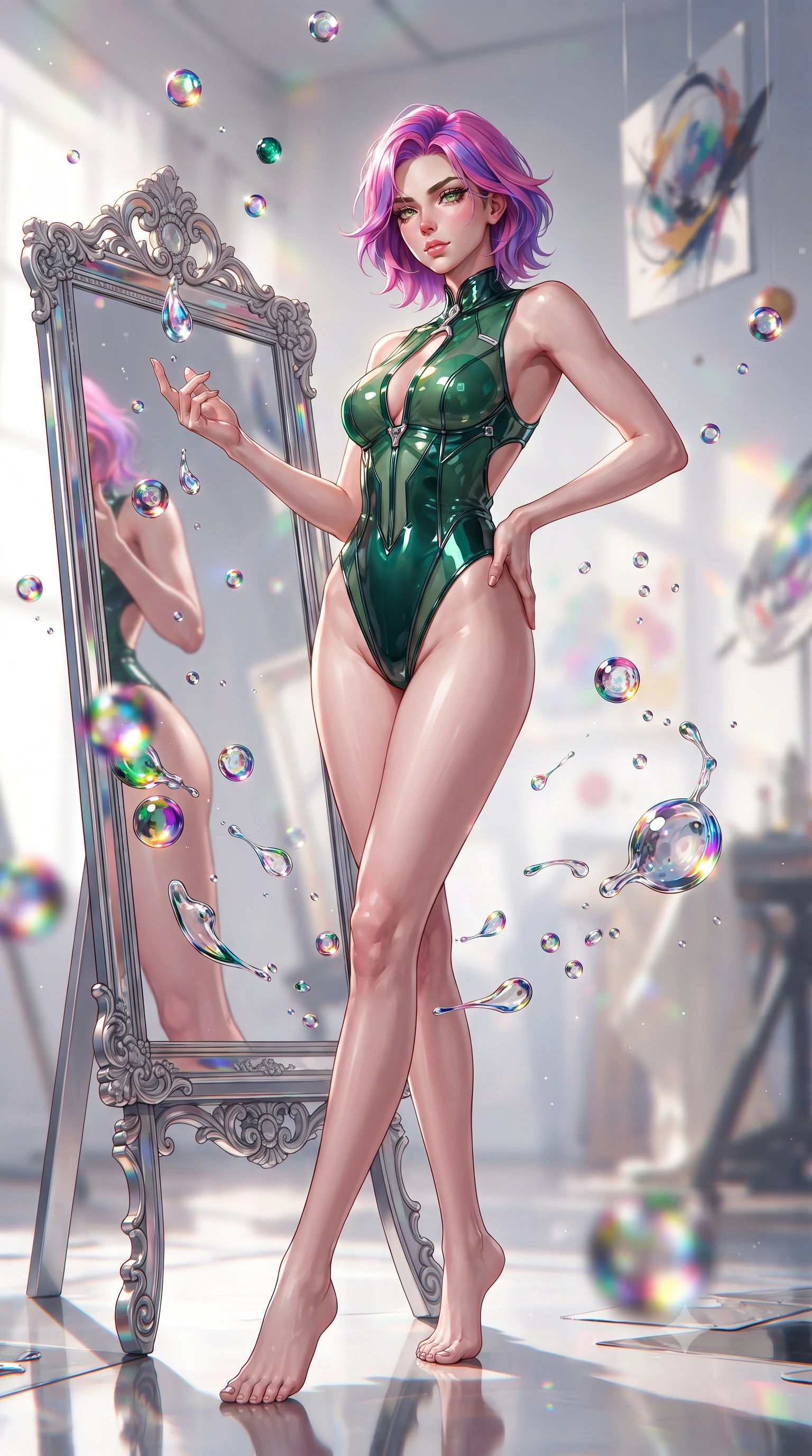 score_9, masterpiece, best quality, ultra-detailed, high-budget anime keyframe, editorial fashion photography, tasteful artistic composition, Caucasian woman. low angle full-body shot from head to toe showing her feet, filling the entire 9:16 vertical frame with her statuesque presence, stretching her vertical silhouette. interacting gracefully with the magical floating elements while maintaining a confident posture leaning against a mirrored easel surrounded by suspended pigment spheres, vibrant paint droplets frozen in time casting specular highlights. She has an absolutely perfect, statuesque 8.5-heads proportion, an exceptionally tall and slender model-like female figure with impossibly long slender legs and an ultra-slim waist. sharp v-shaped jawline, high-bridge nose, intricate jewel-like eyes with depth, thick eyelashes, glossy lips with a natural sheen. wearing a high-cut translucent vinyl leotard with front paneling and open back in deep emerald green and silver accent, tailored from high-gloss patent leather, accented with a Tasteful chest slit framing her clavicle gracefully, the elegant draped fit framing her graceful clavicle and slender torso. drenched in bright white key light with colorful prismatic rim lighting. highly saturated vibrant anime colors, detailed shading with soft gradients, rich glossy textures, high-contrast stereoscopic depth, volumetric dynamic lighting, master piece, 9:16 ratio
