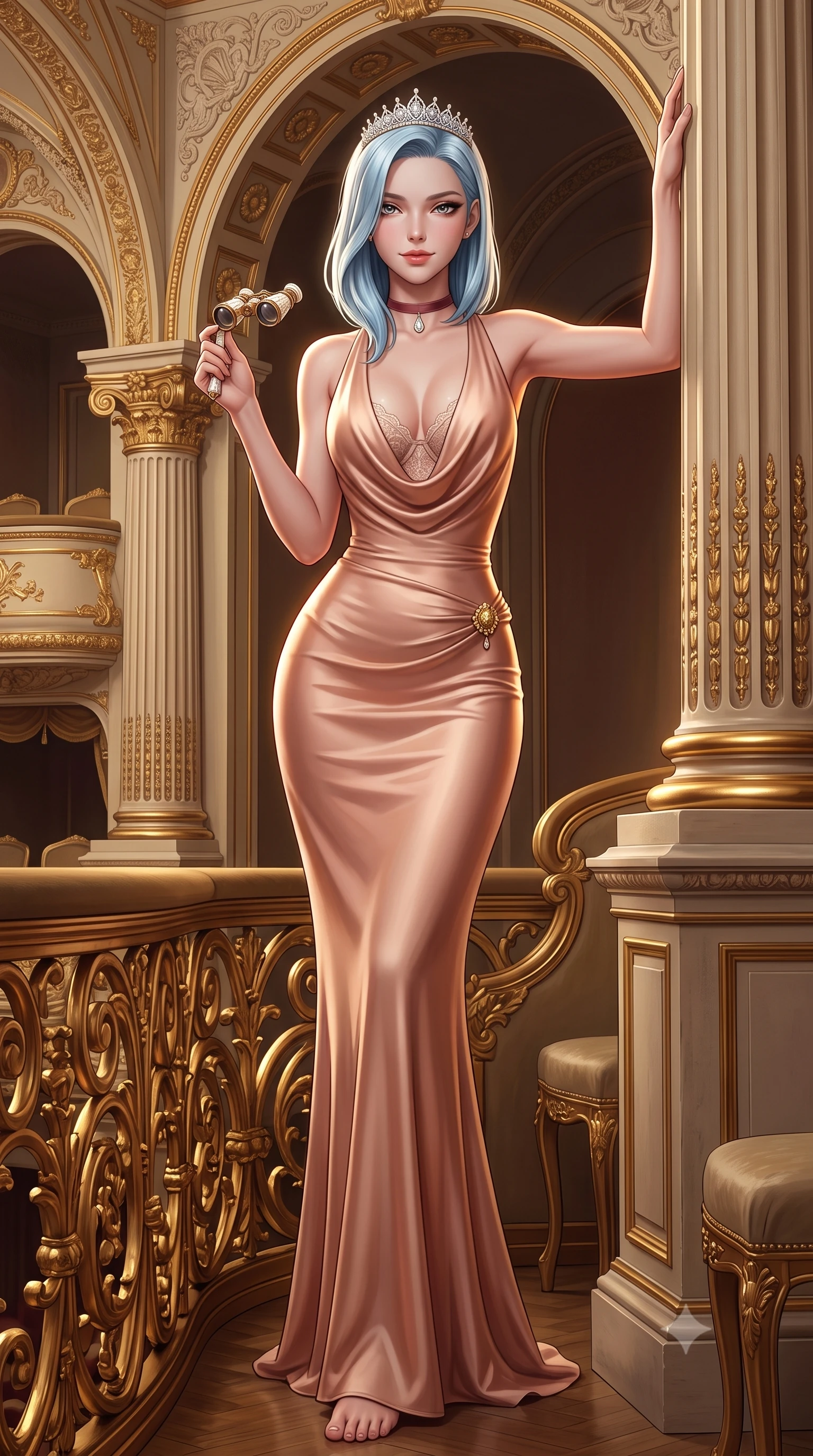 score_9, masterpiece, best quality, ultra-detailed, high-budget anime keyframe, semi-realistic 3D game render, editorial fashion photography, tasteful artistic composition, Korean woman. low angle full-body shot from head to toe showing her feet, filling the entire 9:16 vertical frame with her statuesque presence, stretching her vertical silhouette. standing tall beside the architectural column, one hand resting high while arching her lower back to emphasize her sculpted feminine hips and slender waist while standing poised framed inside the gilded imperial box archway with hips cocked back, holding a mother-of-pearl opera glass with seductive royal cool. The surrounding environment is rendered in vivid detail and crisp panoramic clarity: detailed plunging cowl-neck liquid silk evening gown drape, diamond tiara sparkle, and 19th-century Habsburg architecture in razor-sharp precision. She has an absolutely perfect, statuesque 8.5-heads proportion, an exceptionally tall and slender model-like female figure with impossibly long slender legs, an ultra-slim waist, a flat toned midriff, narrow delicate ribcage, and beautifully sculpted feminine hips creating a graceful, slim hourglass silhouette without any bulky heaviness. sharp v-shaped jawline, high-bridge nose, sparkling eyes with hypnotic seductive depth, thick curled eyelashes, glossy parted lips with a natural dewy peach sheen, alluring bedroom-eyes with an enchanting coquettish smile, exuding magnetic siren charisma and sophisticated glamour, flawlessly proportioned anatomical accuracy, strict slender model proportions, natural body alignment, perfectly sculpted long slender limbs, ultra-slim waistline, clean dynamic posture without body distortion. wearing a delicate French lace underwire bustier paired with a draped sheer chiffon wrap mini skirt and gold hip brooch in dusky blush peach and champagne crystal, woven from buttery-soft stretch lambskin leather adhering to her body like a second skin, finished with a thin velvet ribbon choker and a single teardrop diamond pendant, the liquid-tight tailored fabric clinging flawlessly to her narrow waist and rounded feminine hips, emphasizing every millimeter of her sculpted slim hourglass curves without any bulky heaviness. illuminated by gilded railing reflection bounce and sharp royal-gold rim lights sculpting her razor-sharp jawline, narrow waist, and curvy hips. highly saturated vibrant anime colors, detailed shading with soft gradients, rich glossy textures, high-contrast stereoscopic depth, volumetric dynamic lighting, master piece, 9:16 ratio
