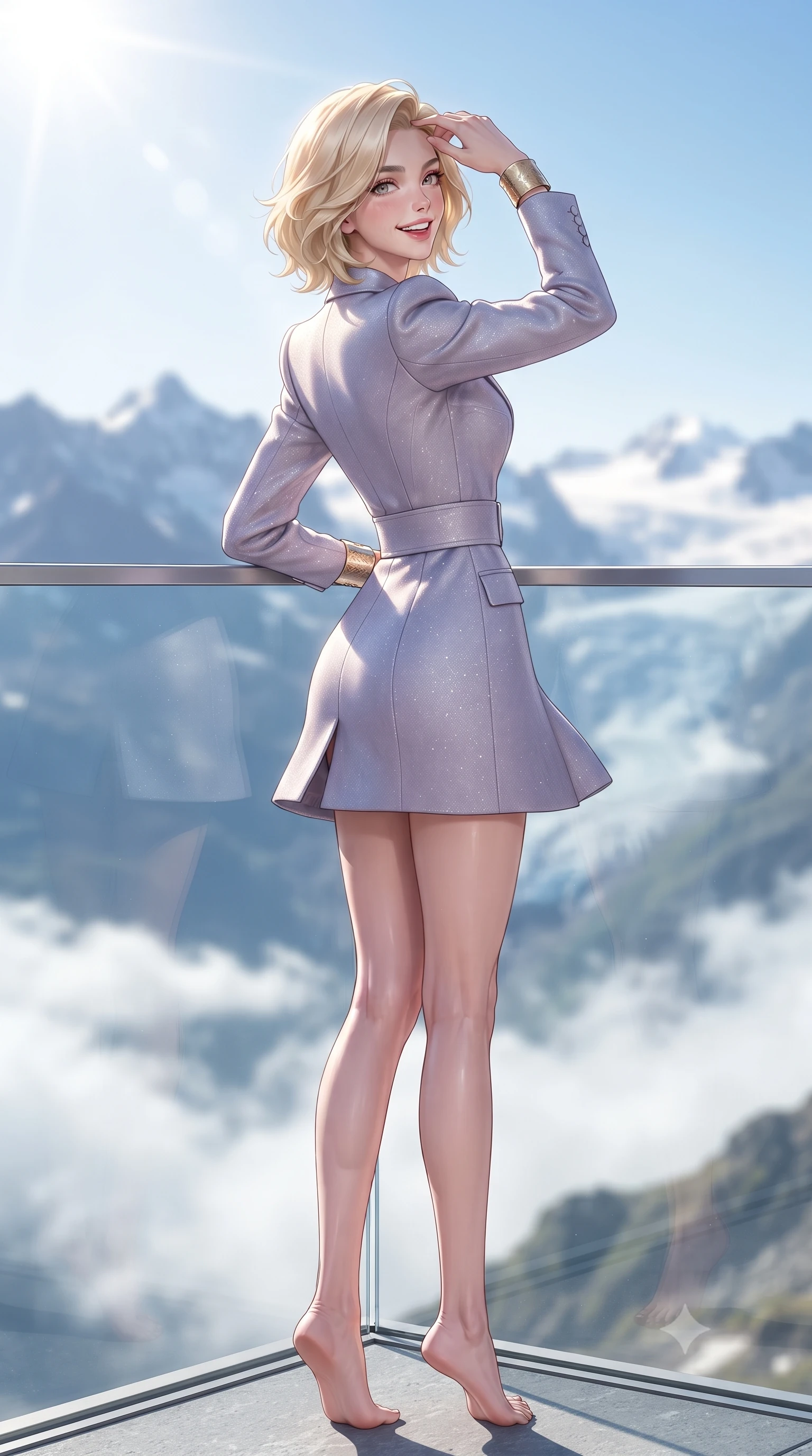 score_9, masterpiece, best quality, ultra-detailed, high-budget anime keyframe, editorial fashion photography, tasteful artistic composition, Caucasian woman. low angle full-body shot from head to toe showing her feet, filling the entire 9:16 vertical frame with her statuesque presence, stretching her vertical silhouette. executing an elegant pivot turn as the hem of her form-fitting knit sways rhythmically, glancing back with joyful radiance and seductive allure while leaning against the clear glass infinity balustrade with one hand raised to shade her eyes from the sparkling snow glare, exuding athletic chic. The background shows a soft-focus endless jagged peaks of the Bernina mountain range, swirling cloud inversions in the valley below, and dazzling sunlit glaciers blurred into sapphire, stark white, and platinum bokeh. She has an exceptionally tall and slender model-like 8.5-heads proportion, an ultra-slim waist, a flat toned midriff, narrow delicate ribcage, and beautifully sculpted feminine hips creating a graceful, slim hourglass silhouette without any bulky heaviness, with impossibly long slender legs. sharp v-shaped jawline, high-bridge nose, intricate jewel-like sparkling eyes with depth, thick eyelashes, glossy parted lips with a natural peach sheen, bright cheerful beaming smile with an enchanting and coquettish sensual glint, exuding both youthful cute charm and seductive allure, flawlessly proportioned anatomical accuracy, strict slender model proportions, natural body alignment, perfectly sculpted long slender limbs, ultra-slim waistline, clean dynamic posture without body distortion. wearing a bespoke hourglass-tailored wool blazer dress with structured shoulders and a deeply cinched belt, highlighting her sculpted feminine hips in frosted mountain lavender and shimmering ice silver, tailored from premium double-knit ponte with sleek sculpting hold and smooth contours, accented with delicate golden wrist cuffs reflecting warm chandelier light, the snug waist-cinching tailoring accentuating her ultra-slim waistline and the enchanting curve of her feminine hips with alluring seductive charm. bathed in intense, crystal-clear high-altitude alpine sunlight and brilliant 360-degree snow albedo bounce. ultra-reflective glossy finish, specular highlights, rich textural contrasts, high-contrast stereoscopic depth, volumetric dynamic lighting, 2k, ultra detail, master piece, 9:16 ratio