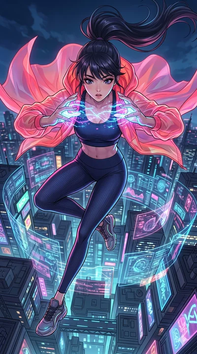 score_9, masterpiece, best quality, ultra-detailed, high-budget anime movie keyframe, cinematic anime lighting, intricate line art, Korean woman. Extreme high angle shot as she leaps towards the camera, filling the frame. looking at her own hands as 