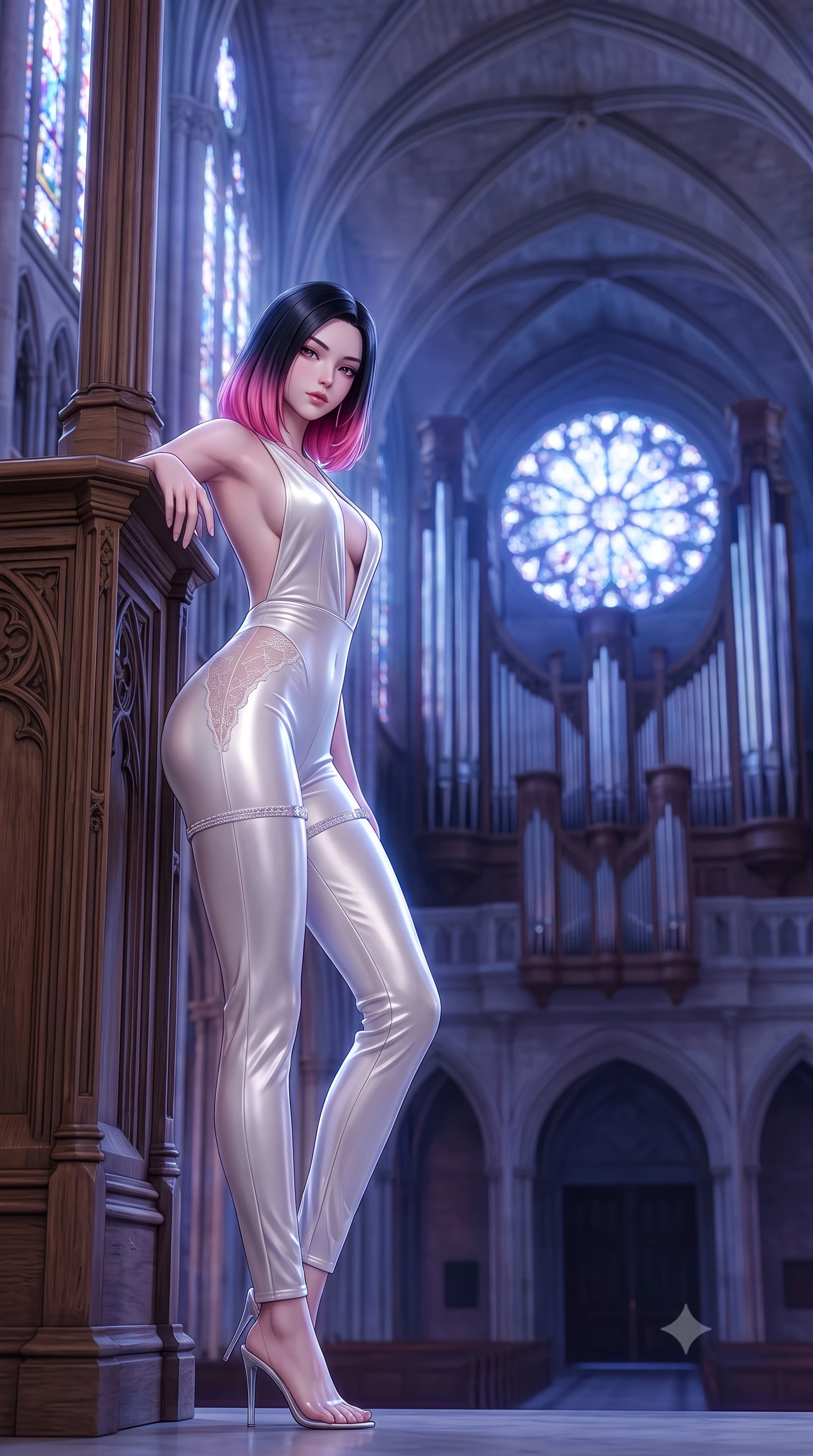 score_9, masterpiece, best quality, ultra-detailed, high-budget anime keyframe, semi-realistic 3D game render, editorial fashion photography, tasteful artistic composition, Korean woman. low angle full-body shot from head to toe showing her feet, filling the entire 9:16 vertical frame with her statuesque presence, stretching her vertical silhouette. standing tall beside the architectural column, one hand resting high while arching her lower back to emphasize her sculpted feminine hips and slender waist while leaning against the carved oak console with hips cocked back, looking down into the vast empty nave with smoldering bedroom-eyes. The background shows a soft-focus colossal towering organ pipes, soaring ribbed vault ceilings, and the glowing circular rose window blurred into cobalt, violet, and silver bokeh. She has an absolutely perfect, statuesque 8.5-heads proportion, an exceptionally tall and slender model-like female figure with impossibly long slender legs, an ultra-slim waist, a flat toned midriff, narrow delicate ribcage, and beautifully sculpted feminine hips creating a graceful, slim hourglass silhouette without any bulky heaviness. sharp v-shaped jawline, high-bridge nose, sparkling eyes with hypnotic seductive depth, thick curled eyelashes, glossy parted lips with a natural dewy peach sheen, alluring bedroom-eyes with an enchanting coquettish smile, exuding magnetic siren charisma and sophisticated glamour, flawlessly proportioned anatomical accuracy, strict slender model proportions, natural body alignment, perfectly sculpted long slender limbs, ultra-slim waistline, clean dynamic posture without body distortion. wearing a backless plunge-front second-skin velvet jumpsuit with fluid tapered legs and sheer lace hip inserts in pure pearl alabaster with liquid platinum sheen, crafted from fluid liquid silk satin that clings smoothly to every curve with a dewy sheen, finished with delicate crystal-encrusted thigh garter straps glinting under the lights, the second-skin tailored fabric adhering flawlessly to her sculpted flat midriff and slender torso, emphasizing her long leg lines and perfectly proportioned willowy build. bathed in ethereal jewel-toned moonlight filtering through the colossal stained-glass rose window. highly saturated vibrant anime colors, detailed shading with soft gradients, rich glossy textures, high-contrast stereoscopic depth, volumetric dynamic lighting, master piece, 9:16 ratio