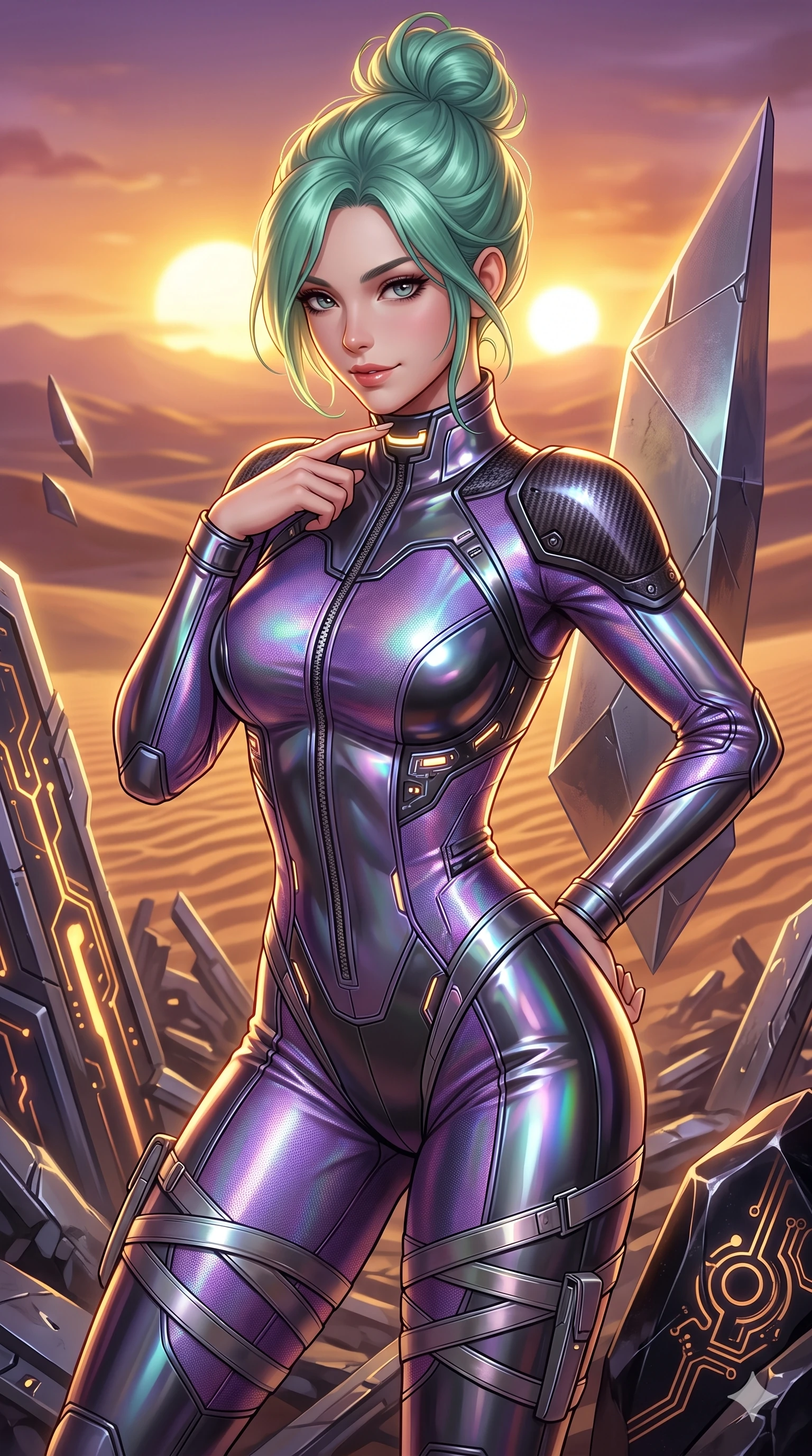 score_9, masterpiece, best quality, ultra-detailed, high-budget anime keyframe, semi-realistic 3D game render, editorial fashion photography, tasteful artistic composition, Japanese woman. close-up cowboy shot from the waist and thighs up, the character dominates the composition, filling the frame with her large presence. tilting her head with a teasing half-smile, running one finger slowly along her glowing comm-link collar in a flirtatious gesture while leaning against a floating geometric metal shard with hips cocked back, casting an alluring bedroom-gaze over the twin-sun sunset. The surrounding environment is rendered in vivid detail and crisp panoramic clarity: sharp alien circuit engravings on polished obsidian stone, sand ripple textures, and metal shard bevels in deep focus. She has an exceptionally elegant, slender, and willowy female figure with an ultra-slim waist, flat toned midriff, narrow ribcage, and sculpted feminine hips creating an alluring, slim hourglass silhouette without bulk. sharp v-shaped jawline, high-bridge nose, intricate jewel-like sparkling eyes with depth, thick eyelashes, glossy parted lips with a natural sheen, bright confident smile with an enchanting and coquettish sensual glint, exuding both youthful magnetic charm and sovereign high-tech allure, flawlessly proportioned anatomical accuracy, strict slender model proportions, natural body alignment, perfectly sculpted long slender limbs, ultra-slim waistline, clean dynamic posture without body distortion. wearing a tailored high-collar aerodynamic flight suit with structured carbon-fiber shoulder plates and ergonomic zip channels in iridescent dark chrome and holographic violet, woven from high-density tech-wool with subtle metallic thread weave, complemented by strappy stiletto combat boots with metallic ankle wraps accentuating her slender calves, the bespoke structured tailoring following the natural line of her 8.5-heads silhouette with refined elegance. illuminated by glowing monolith circuit veins and sharp golden-amber rim lights sculpting her razor-sharp jawline, narrow waist, and curvy hips. highly saturated vibrant anime colors, detailed shading with soft gradients, rich glossy textures, high-contrast stereoscopic depth, volumetric dynamic lighting, master piece, 9:16 ratio