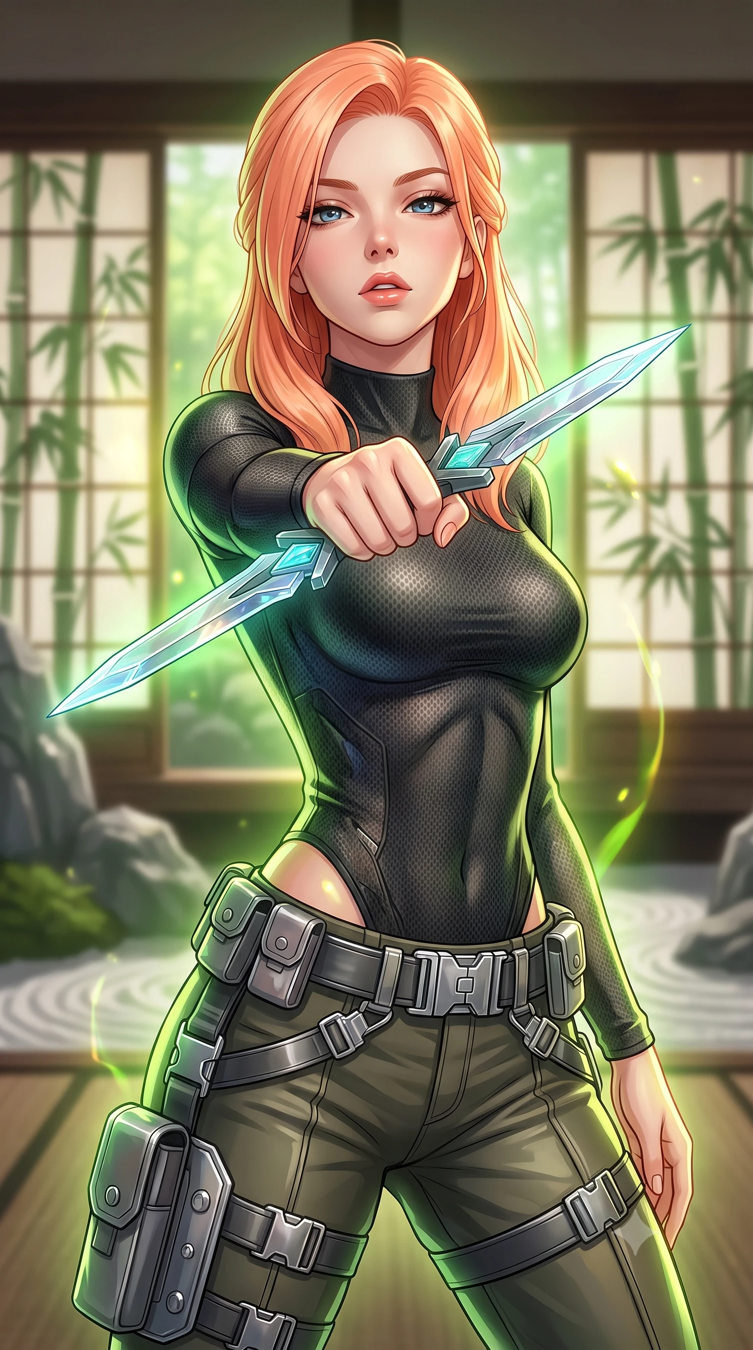 score_9, masterpiece, best quality, ultra-detailed, high-budget anime keyframe, editorial fashion photography, tasteful artistic composition, Japanese woman. close-up cowboy shot from the waist and thighs up, the character dominates the composition, filling the frame with her large presence, background elements kept in soft focus. pointing a crystal-edged laser dagger forward in a defensive stance, tilting her chin up slightly with lips parted in a composed pose, the background shows a soft-focus a rock garden temple with paper screens showing a silhouette of bamboo. She has an exceptionally elegant, slender, and willowy female figure with an ultra-slim waist, a gracefully sculpted slender torso, and a refined silhouette. sharp v-shaped jawline, high-bridge nose, intricate jewel-like eyes with depth, thick eyelashes, glossy lips with a natural sheen. wearing a body-hugging high-neck carbon-mesh tactical shirt tucked into structured combat trousers with metallic utility belts. soft green and yellow digital plant light wrapping her form in an organic glow. highly saturated vibrant anime colors, detailed shading with soft gradients, rich glossy textures, high-contrast stereoscopic depth, volumetric dynamic lighting, master piece, 9:16 ratio