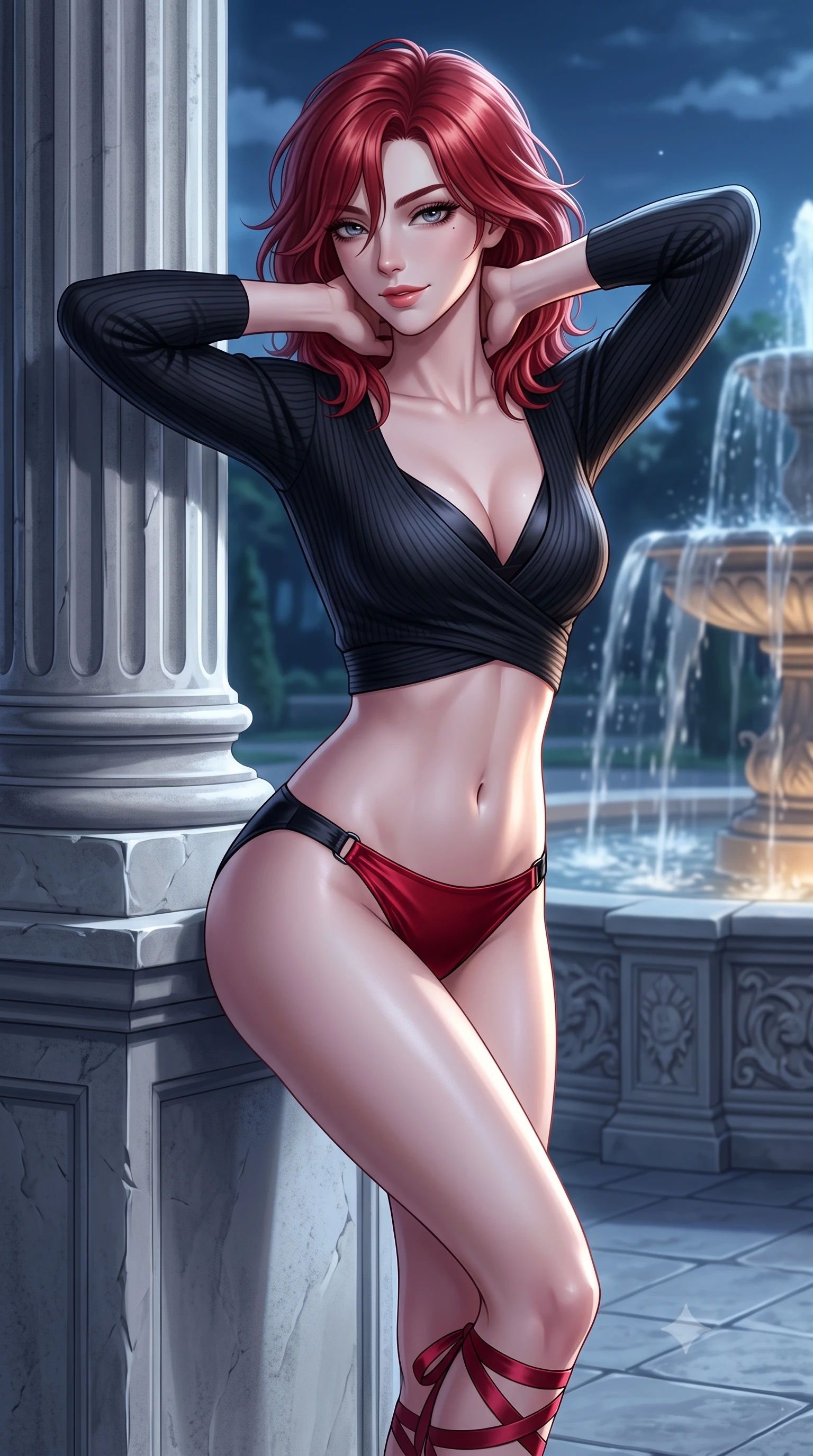 score_9, masterpiece, best quality, ultra-detailed, high-budget anime keyframe, semi-realistic 3D game render, editorial fashion photography, tasteful artistic composition, Korean woman. close-up cowboy shot from the waist and thighs up, the character dominates the composition, filling the frame with her large presence. resting both hands lightly behind her neck with elbows raised, arching her spine to highlight her narrow waist, flat midriff, and breathtaking collarbones while leaning against the stone column pedestal with hips cocked back, looking over a bare shoulder toward the moonlit Parisian garden. The surrounding environment is rendered in vivid detail and crisp panoramic clarity: sharp fluted limestone column texture, stone balustrade relief, and fountain water spray mist clarity in deep focus. She has an exceptionally elegant, slender, and willowy female figure with an ultra-slim waist, flat toned midriff, narrow ribcage, and sculpted feminine hips creating an alluring, slim hourglass silhouette without bulk. sharp v-shaped jawline, high-bridge nose, sparkling eyes with hypnotic seductive depth, thick curled eyelashes, glossy parted lips with a natural dewy peach sheen, alluring bedroom-eyes with an enchanting coquettish smile, exuding magnetic siren charisma and sophisticated glamour, flawlessly proportioned anatomical accuracy, strict slender model proportions, natural body alignment, perfectly sculpted long slender limbs, ultra-slim waistline, clean dynamic posture without body distortion. wearing a form-contouring ribbed knit dancer wrap top worn over a plunging silk bralette and low-rise satin briefs in matte obsidian black and tactical crimson red with gunmetal hardware, crafted from fluid liquid silk satin that clings smoothly to every curve with a dewy sheen, finished with delicate satin ballet ribbon ties criss-crossing up her slender calves to the knee, the second-skin tailored fabric adhering flawlessly to her sculpted flat midriff and slender torso, emphasizing her long leg lines and perfectly proportioned willowy build. bathed in cool celestial moonlight streaming across the palace plaza paired with warm fountain spotlight fill. highly saturated vibrant anime colors, detailed shading with soft gradients, rich glossy textures, high-contrast stereoscopic depth, volumetric dynamic lighting, master piece, 9:16 ratio