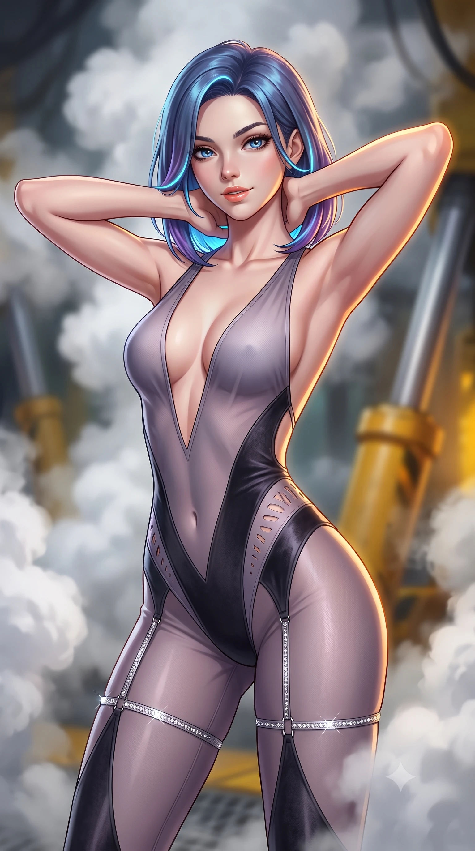 score_9, masterpiece, best quality, ultra-detailed, high-budget anime keyframe, semi-realistic 3D game render, editorial fashion photography, tasteful artistic composition, Caucasian woman. close-up cowboy shot from the waist and thighs up, the character dominates the composition, filling the frame with her large presence. resting both hands lightly behind her neck with elbows raised, arching her spine to highlight her narrow waist, flat midriff, and breathtaking collarbones while twisting her slender torso in an alluring S-curve, high-pressure steam plumes framing her form-fitting tactical suit and curvy hips. The background shows a soft-focus billowing steam clouds, massive hydraulic pistons, and glowing hazard yellow paint blurred into charcoal, sulphur, and amber bokeh. She has an exceptionally elegant, slender, and willowy female figure with an ultra-slim waist, flat toned midriff, narrow ribcage, and sculpted feminine hips creating an alluring, slim hourglass silhouette without bulk. sharp v-shaped jawline, high-bridge nose, sparkling eyes with hypnotic seductive depth, thick curled eyelashes, glossy parted lips with a natural dewy peach sheen, alluring bedroom-eyes with an enchanting coquettish smile, exuding magnetic siren charisma and sophisticated glamour, flawlessly proportioned anatomical accuracy, strict slender model proportions, natural body alignment, perfectly sculpted long slender limbs, ultra-slim waistline, clean dynamic posture without body distortion. wearing a backless plunge-front second-skin stealth jumpsuit with fluid tapered legs and laser-cut hip ventilation in dusky lavender mist and dark charcoal velvet, made of semi-opaque stretch illusion mesh with soft shadowy contours, finished with delicate crystal-encrusted thigh garter straps glinting under the lights, the precision-cut side openings and low-back scoop framing her graceful spine and the sensual sweep of her slim, toned hips. illuminated by steel grating reflection fill and sharp amber-gold rim lighting defining her jawline, ultra-slim waist, and curvy hips. highly saturated vibrant anime colors, detailed shading with soft gradients, rich glossy textures, high-contrast stereoscopic depth, volumetric dynamic lighting, master piece, 9:16 ratio