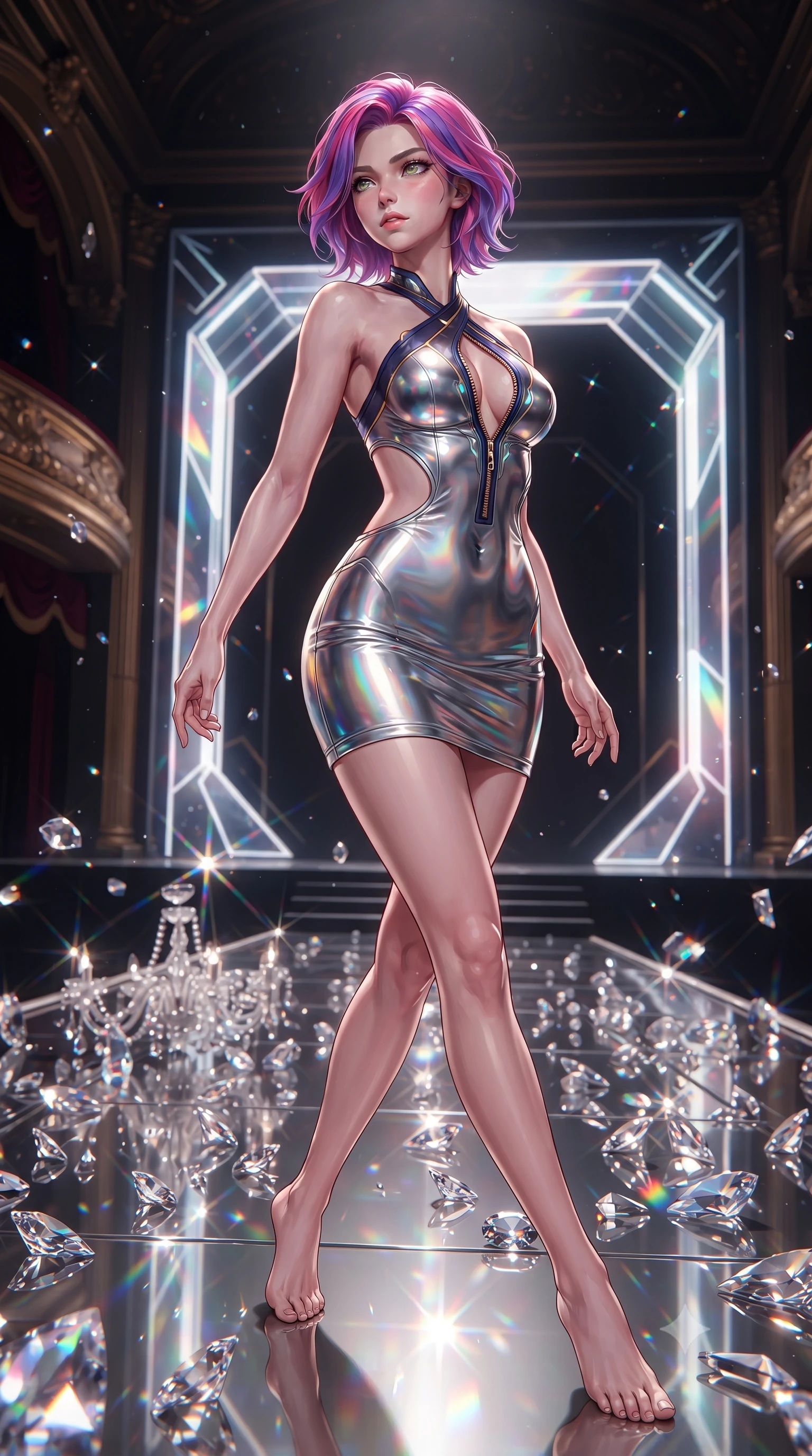 score_9, masterpiece, best quality, ultra-detailed, high-budget anime keyframe, editorial fashion photography, tasteful artistic composition, Caucasian woman. low angle full-body shot from head to toe showing her feet, filling the entire 9:16 vertical frame with her statuesque presence, stretching her vertical silhouette. pivoting dynamically in mid-motion with a breathtakingly alluring posture, displaying her flawless model proportions and ultra-slim waist while standing with regal posture amidst thousands of shattered crystal chandelier prisms on an opera stage. The surrounding environment is rendered in vivid detail and crisp panoramic clarity. rich theatrical chiaroscuro and opulent futuristic opera architecture rendered with environmental sharpness. She has an absolutely perfect, statuesque 8.5-heads proportion, an exceptionally tall and slender model-like female figure with impossibly long slender legs and an ultra-slim waist. sharp v-shaped jawline, high-bridge nose, intricate jewel-like eyes with depth, thick eyelashes, glossy lips with a natural sheen, flawlessly proportioned anatomical accuracy, natural body alignment, perfectly sculpted elegant limbs, clean dynamic posture without body distortion. wearing a molten silver liquid-metal mini dress featuring deep side-waist cutouts and a daring crossover halter neckline in midnight sapphire blue and glowing gold filaments, made of liquid metal jersey that clings flawlessly to every contour of her build, featuring a dangerously unzipped neckline framed by glowing cybernetic accents, the glove-like fit tightly following every curve of her statuesque athletic build. illuminated by sparkling crystal refractions and crisp white front key lighting. ultra-reflective glossy finish, specular highlights, metallic sheen, high-contrast stereoscopic depth, volumetric dynamic lighting, 2k, ultra detail, master piece, 9:16 ratio