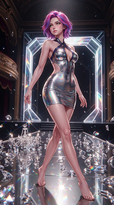 score_9, masterpiece, best quality, ultra-detailed, high-budget anime keyframe, editorial fashion photography, tasteful artistic composition, Caucasian woman. low angle full-body shot from head to toe showing her feet, filling the entire 9:16 vertica