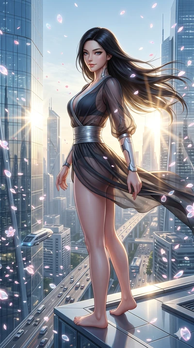 score_9, masterpiece, best quality, ultra-detailed, high-budget anime keyframe, semi-realistic 3D game render, Korean woman. Upper body close-up from the thighs up, character filling the screen for maximum presence. She is standing on the edge of a s
