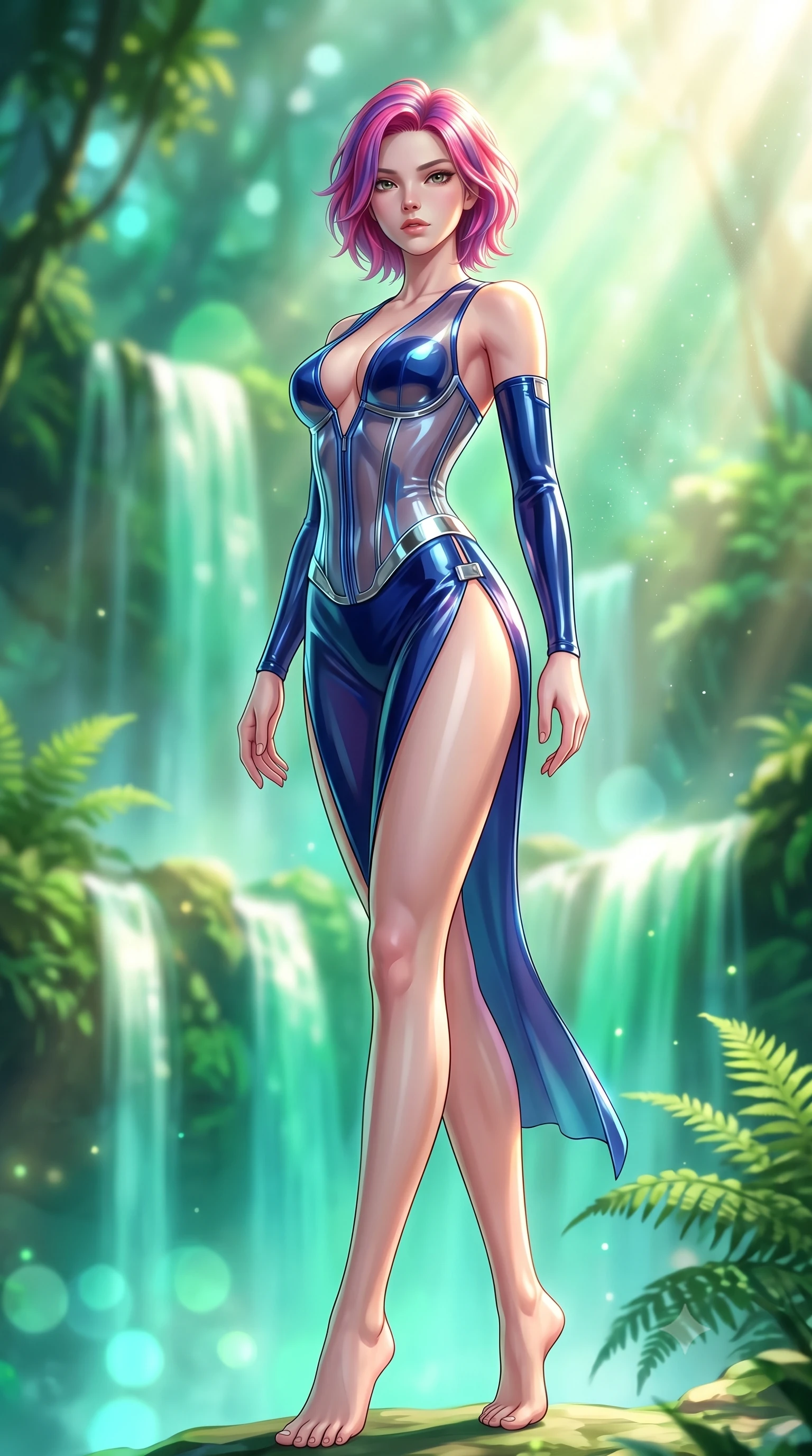 score_9, masterpiece, best quality, ultra-detailed, high-budget anime keyframe, semi-realistic 3D game render, editorial fashion photography, tasteful artistic composition, Caucasian woman. low angle full-body shot from head to toe showing her feet, filling the entire 9:16 vertical frame with her statuesque presence, stretching her vertical silhouette. arching her back in a fluid zero-gravity turn with sovereign grace, her long slender legs and sculpted torso creating a sweeping line while arching her back in a fluid motion as warm morning sunlight scatters through fine waterfall mist. The composition keeps background elements in soft focus with creamy bokeh. cascading emerald waterfalls and sunlit jungle ferns blurred into lush green and turquoise bokeh. She has an absolutely perfect, statuesque 8.5-heads proportion, an exceptionally tall and slender model-like female figure with impossibly long slender legs, a toned flat midriff, and an ultra-slim waist. sharp v-shaped jawline, high-bridge nose, intricate jewel-like eyes with depth, thick eyelashes, glossy lips with a natural sheen, flawlessly proportioned anatomical accuracy, strict slender model proportions, natural body alignment, perfectly sculpted long slender limbs, ultra-slim waistline, clean dynamic posture without body distortion. wearing a translucent cybernetic corset in semi-opaque structured vinyl, combined with detached sleeves and a deep-plunging neckline secured by glowing micro-straps in deep royal navy blue and specular chrome, crafted from ultra-reflective second-skin latex with a high-gloss glass-like polish, finished with an ultra-high side slit secured by miniature magnetic clasps, the glove-like aerodynamic second-skin fit tightly clinging to her ultra-slender waist and athletic curves without adding bulk, accentuating her razor-sharp statuesque lines and slim hourglass silhouette. bathed in bright morning sunbeams penetrating waterfall mist with radiant green and cyan ambient glow. highly saturated vibrant anime colors, detailed shading with soft gradients, rich glossy textures, high-contrast stereoscopic depth, volumetric dynamic lighting, master piece, 9:16 ratio
