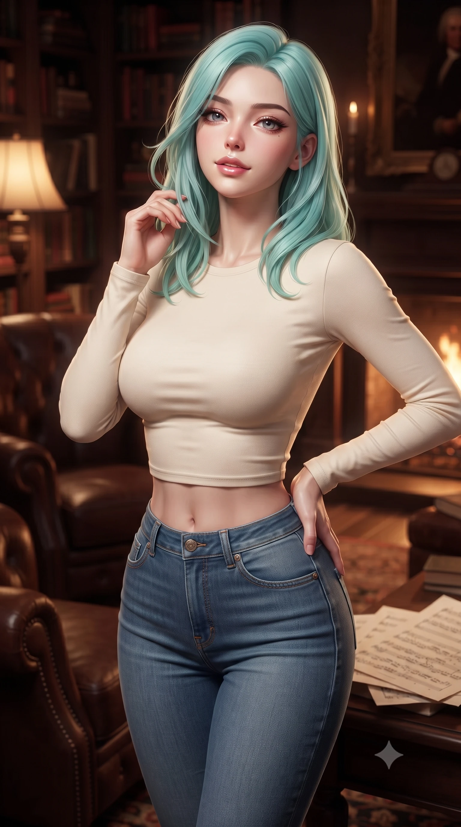 score_9, masterpiece, best quality, ultra-detailed, high-budget anime keyframe, editorial fashion photography, tasteful artistic composition, Japanese woman. close-up cowboy shot from the waist and thighs up, the character dominates the composition, filling the frame with her large presence, background elements kept in soft focus. tilting her chin up slightly with lips parted in a composed, provocative expression the background shows a soft-focus the private study of a theater director with leather chairs and music sheets. She has an exceptionally elegant, slender, and willowy female figure with an ultra-slim waist, a gracefully sculpted slender torso, and a refined silhouette. sharp v-shaped jawline, high-bridge nose, intricate jewel-like eyes with depth, thick eyelashes, glossy lips with a natural sheen. wearing a form-contouring body-hugging long-sleeve crop top in cream cotton paired with high-waisted skinny jeans. warm fireplace light casting cozy, intimate shadows on the wooden shelves. ultra-reflective glossy finish, specular highlights, metallic sheen, high-contrast stereoscopic depth, volumetric dynamic lighting, 2k, ultra detail, master piece, 9:16 ratio