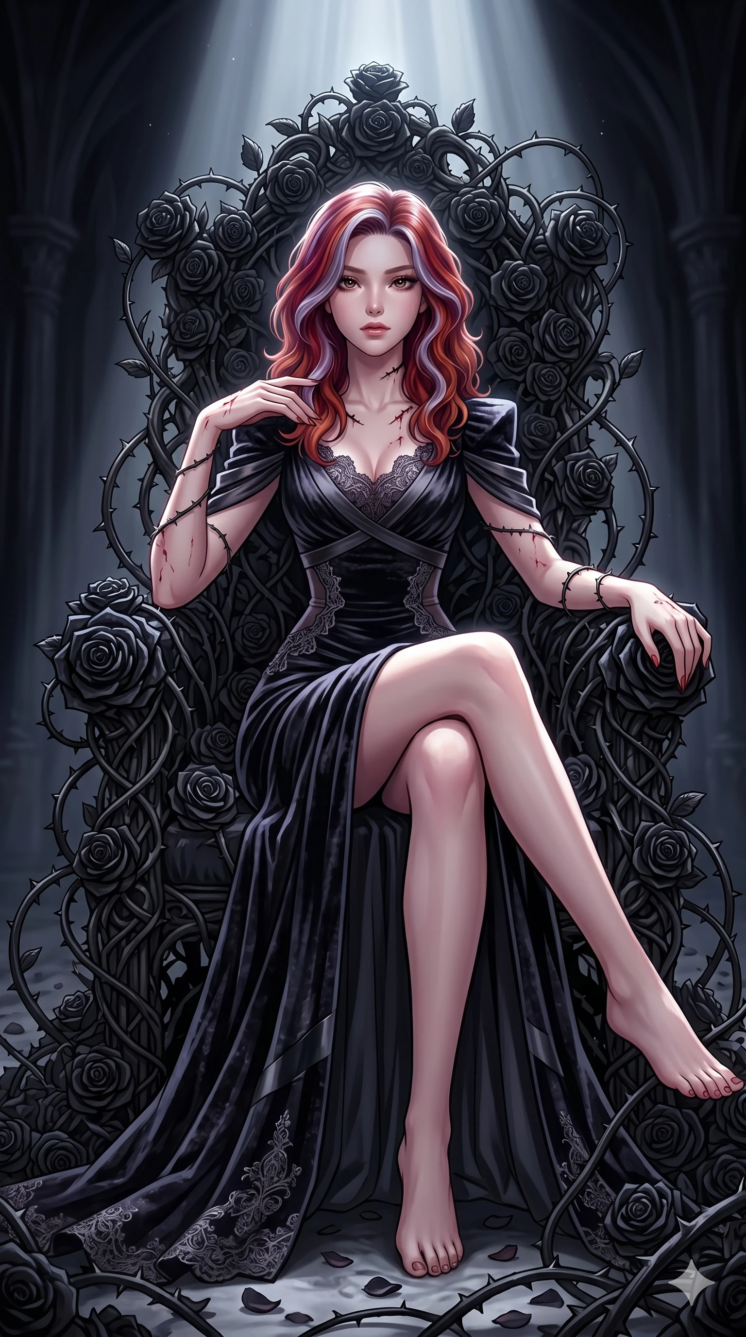 score_9, masterpiece, best quality, ultra-detailed, High-budget Anime Keyframe, East Asian woman. Dynamic full-body shot stretching the vertical silhouette to the limit. Scenario 140: Resting on a throne of black roses, thorns grazing her skin. Her presence is magnetic and overpowering in this high-budget anime scene. Outfit 140: A crushed dark velvet decorative silk bands with a tastefully designed shoulder and delicate lace embroidery. The clothing is designed to emphasize her exceptionally tall and slender 8-heads proportion. 8-heads proportion, towering silhouette, ultra-slim waist. sharp v-shaped jawline, intricate jewel-like eyes with depth, thick eyelashes, glossy lips. 2k, ultra detail, master piece, 9:16 ratio