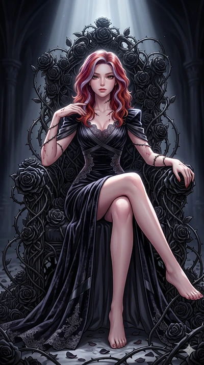 score_9, masterpiece, best quality, ultra-detailed, High-budget Anime Keyframe, East Asian woman. Dynamic full-body shot stretching the vertical silhouette to the limit. Scenario 140: Resting on a throne of black roses, thorns grazing her skin. Her p
