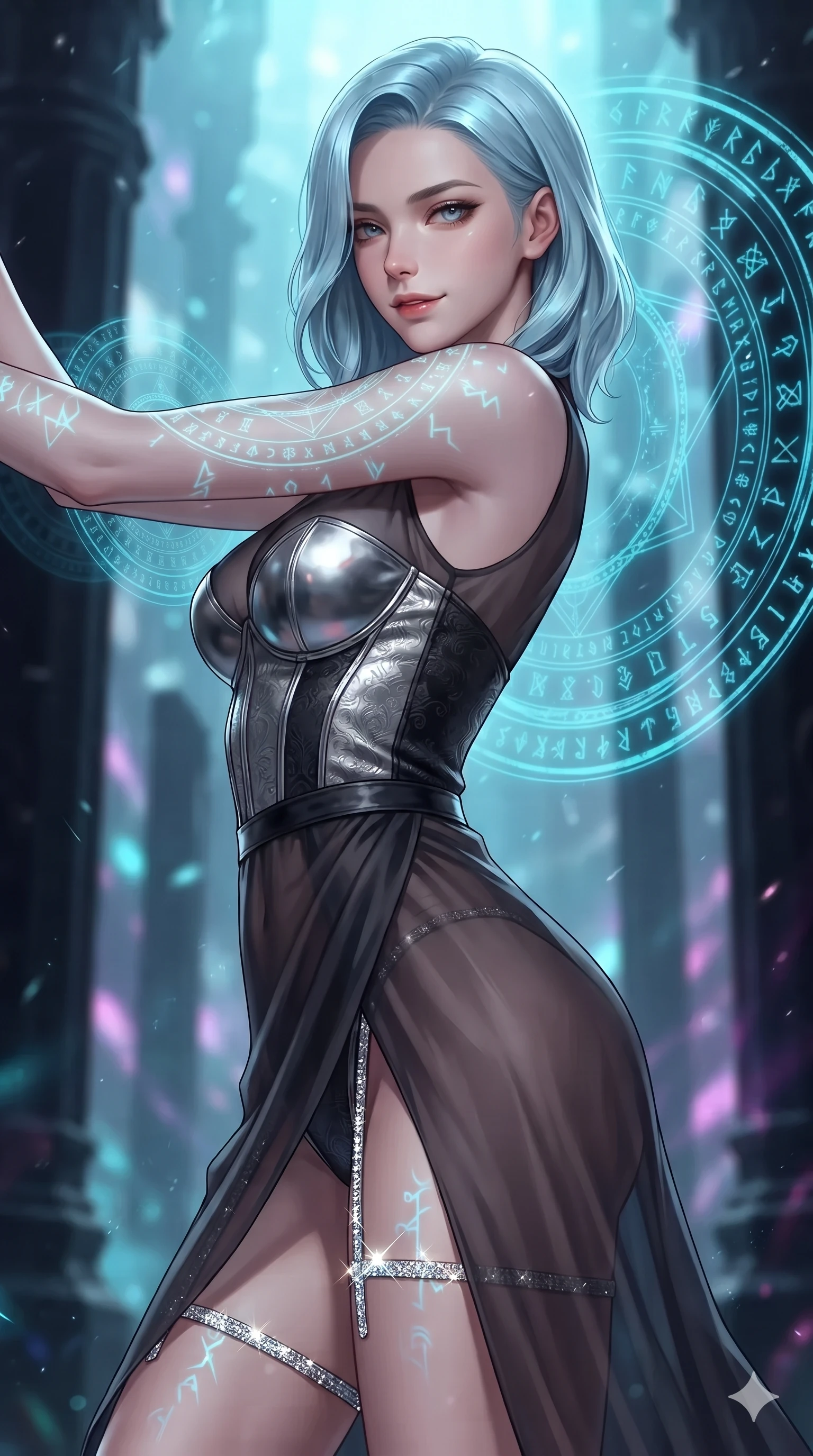 score_9, masterpiece, best quality, ultra-detailed, high-budget anime keyframe, editorial fashion photography, tasteful artistic composition, Korean woman. close-up cowboy shot from the waist and thighs up, the character dominates the composition, filling the frame with her large presence. glancing sidelong over her shoulder with a smoldering, enigmatic half-smile that commands the frame while twisting her slender torso in an alluring S-curve between towering obsidian pillars, glowing cyan runes casting intricate shadow patterns on her skin. The background shows a soft-focus intricate revolving holographic spell circles, archaic runic glyphs floating in cold air, and ancient obsidian columns blurred into cyan, amethyst, and obsidian bokeh. She has an exceptionally elegant, slender, and willowy female figure with an ultra-slim waist, flat toned midriff, narrow ribcage, and sculpted feminine hips creating an alluring, slim hourglass silhouette without bulk. sharp v-shaped jawline, high-bridge nose, intricate jewel-like dark sparkling eyes with hypnotic seductive depth, thick curled eyelashes, glossy parted lips with a natural wine sheen, alluring bedroom-eyes with an enigmatic smoldering smile, exuding magnetic sovereign charisma and dark avant-garde glamour, flawlessly proportioned anatomical accuracy, strict slender model proportions, natural body alignment, perfectly sculpted long slender limbs, ultra-slim waistline, clean dynamic posture without body distortion. wearing a semi-opaque sheer dark chiffon gown revealing a structured bodice silhouette in metallic liquid silver and pitch black, tailored from rich silk jacquard with subtle embossed baroque patterns, finished with delicate crystal-encrusted thigh garter straps glinting in the laser glare, the high-slit wrap tailoring accentuating her ultra-slim waistline and the enchanting curve of her feminine hips with alluring seductive charm. illuminated by intense radiant neon cyan and ultraviolet holographic projections contrasting with pitch-black stone. ultra-reflective glossy finish, specular highlights, metallic sheen, high-contrast stereoscopic depth, volumetric dynamic lighting, 2k, ultra detail, master piece, 9:16 ratio
