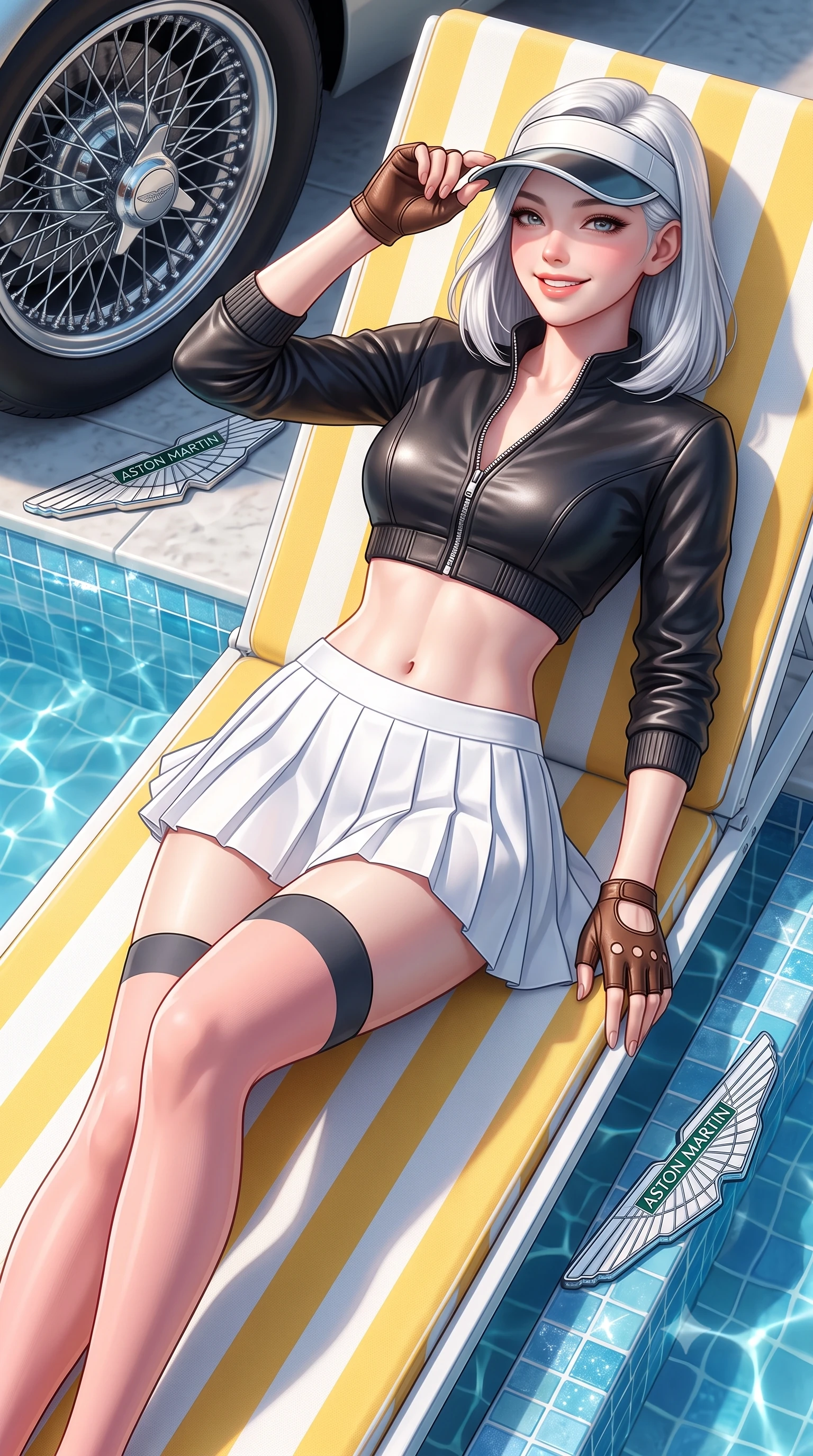 score_9, masterpiece, best quality, ultra-detailed, high-budget anime keyframe, semi-realistic 3D game render, editorial fashion photography, tasteful artistic composition, Korean woman. close-up cowboy shot from the waist and thighs up, the character dominates the composition, filling the frame with her large presence. tilting her head with a cute beaming smile while arching her spine with athletic poise, one hand adjusting her racing visor in a flirtatious S-curve while lounging across a yellow-and-white striped sun lounger with legs extended, her sporty old-money tennis outfit radiant in the sun. The surrounding environment is rendered in vivid detail and crisp panoramic clarity: sharp Aston Martin wire wheel spoke clarity, polished chrome badge reliefs, and sparkling pool waterline tile in deep focus. She has an exceptionally elegant, slender, and willowy female figure with an ultra-slim waist, flat toned midriff, narrow ribcage, and sculpted feminine hips creating an alluring, slim hourglass silhouette without bulk. sharp v-shaped jawline, high-bridge nose, sparkling eyes with athletic focus and depth, thick curled eyelashes, glossy parted lips with a natural coral-peach sheen, bright confident and coquettish smile with alluring bedroom-eyes, exuding both youthful sporty vigor and sovereign high-society glamour, flawlessly proportioned anatomical accuracy, strict slender model proportions, natural body alignment, perfectly sculpted long slender limbs, ultra-slim waistline, clean dynamic posture without body distortion. wearing a cropped zip-front racing leather bolero jacket paired with a micro-pleated white tennis mini-skirt and thigh-high sports socks in pastel peach blossom and matte carbon grey, made of second-skin technical compression piqué knit with moisture-wicking stretch, accented with a sporty retro tennis visor and fingerless leather driving gloves, the precision-cut side openings and low-back scoop framing her graceful spine and the sensual sweep of her slim, athletic hips. illuminated by water caustic bounce and sharp platinum rim lights defining her sculpted collarbones, ultra-slim waist, and curvy hips. highly saturated vibrant anime colors, detailed shading with soft gradients, rich glossy textures, high-contrast stereoscopic depth, volumetric dynamic lighting, master piece, 9:16 ratio