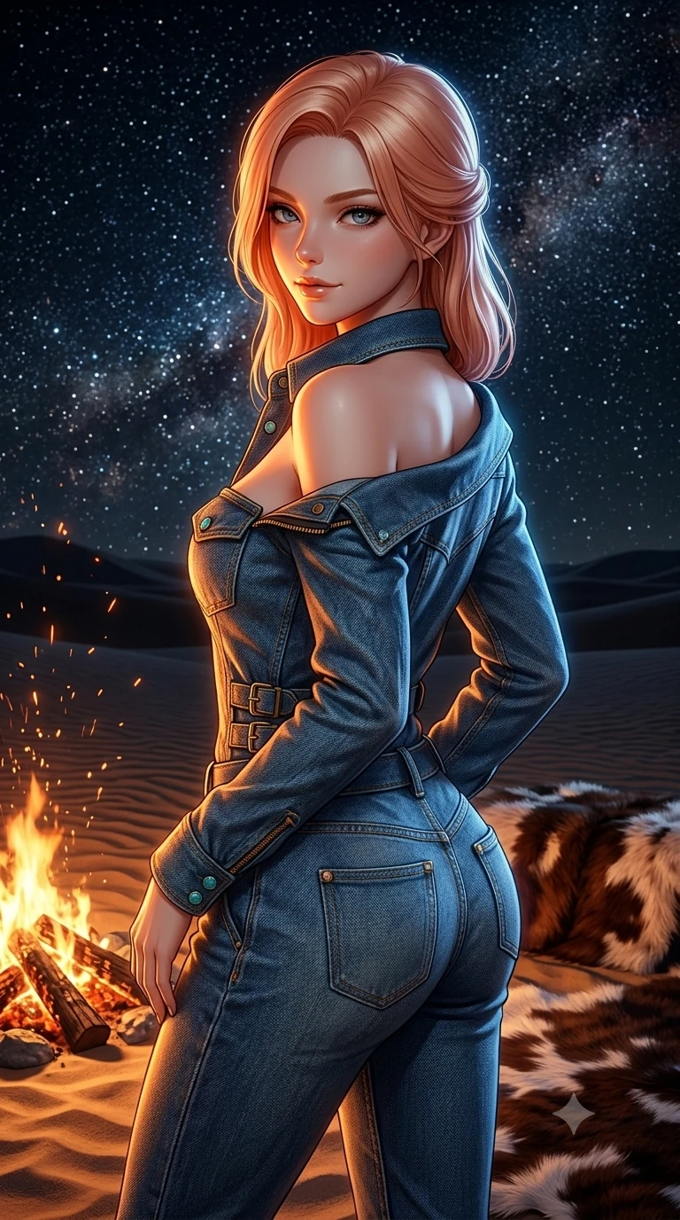 score_9, masterpiece, best quality, ultra-detailed, high-budget anime keyframe, semi-realistic 3D game render, editorial fashion photography, tasteful artistic composition, Japanese woman. close-up cowboy shot from the waist and thighs up, the character dominates the composition, filling the frame with her large presence. posing in an alluring rear three-quarter angle, looking over a bare shoulder with parted glossy lips, her hips cocked back to highlight her slim hourglass curve while standing poised at the edge of the firelit circle, looking back over her shoulder with an enchanting, smoldering bedroom-gaze against the celestial cosmos. The surrounding environment is rendered in vivid detail and crisp panoramic clarity: sharp wind-rippled sand dune crests, glowing wood embers with floating sparks, and intricate cowhide fur texture in deep focus. She has an exceptionally elegant, slender, and willowy female figure with an ultra-slim waist, flat toned midriff, narrow ribcage, and sculpted feminine hips creating an alluring, slim hourglass silhouette without bulk. sharp v-shaped jawline, high-bridge nose, sparkling eyes with hypnotic seductive depth, thick curled eyelashes, glossy parted lips with a natural dewy peach sheen, alluring bedroom-eyes with an enchanting coquettish smile, exuding magnetic siren charisma and sophisticated glamour, flawlessly proportioned anatomical accuracy, strict slender model proportions, natural body alignment, perfectly sculpted long slender limbs, ultra-slim waistline, clean dynamic posture without body distortion. wearing a bespoke tailored denim jumpsuit with structured collar and polished western pearl snap buttons in turquoise patina and burnished vintage brass, woven from bespoke sun-bleached selvedge denim with rich tactile slub texture, finished with sleek heavy-duty brass zip pulls and buckled moto straps, the impeccably tailored cut draping gracefully along her slender figure with aristocratic western poise. bathed in the high-contrast dual lighting of warm flickering firelight on her front and cool celestial diamond starlight on her silhouette. highly saturated vibrant anime colors, detailed shading with soft gradients, rich glossy textures, high-contrast stereoscopic depth, volumetric dynamic lighting, master piece, 9:16 ratio