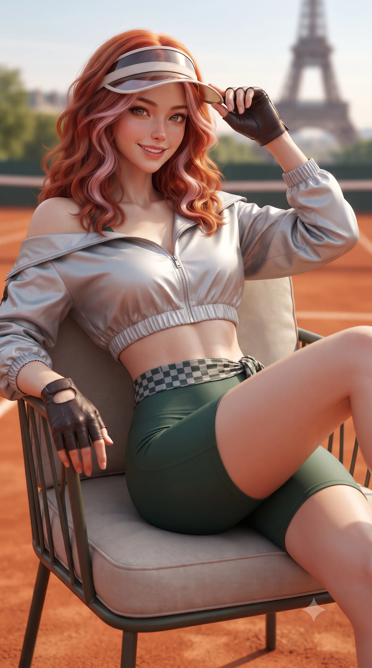 score_9, masterpiece, best quality, ultra-detailed, high-budget anime keyframe, editorial fashion photography, tasteful artistic composition, Caucasian woman. close-up cowboy shot from the waist and thighs up, the character dominates the composition, filling the frame with her large presence. tilting her head with a cute beaming smile while arching her spine with athletic poise, one hand adjusting her racing visor in a flirtatious S-curve while lounging in an outdoor club armchair with legs crossed, displaying her long slender limbs and toned flat midriff with aristocratic charm. The background shows a soft-focus the vibrant rust-orange red clay stadium court and the distant Eiffel Tower on the Parisian horizon blurred into terracotta, champagne, and violet bokeh. She has an exceptionally elegant, slender, and willowy female figure with an ultra-slim waist, flat toned midriff, narrow ribcage, and sculpted feminine hips creating an alluring, slim hourglass silhouette without bulk. sharp v-shaped jawline, high-bridge nose, sparkling eyes with athletic focus and depth, thick curled eyelashes, glossy parted lips with a natural coral-peach sheen, bright confident and coquettish smile with alluring bedroom-eyes, exuding both youthful sporty vigor and sovereign high-society glamour, flawlessly proportioned anatomical accuracy, strict slender model proportions, natural body alignment, perfectly sculpted long slender limbs, ultra-slim waistline, clean dynamic posture without body distortion. wearing an asymmetric off-shoulder cropped windbreaker jacket paired with tight high-waisted biker shorts and a checkered waist sash in alpine silver platinum and forest green, tailored from ultra-soft fine cashmere yarn with an airy athletic drape, accented with a sporty retro tennis visor and fingerless leather driving gloves, the precision-cut side openings and low-back scoop framing her graceful spine and the sensual sweep of her slim, athletic hips. illuminated by terracotta ground bounce fill and sharp warm-gold rim lighting defining her razor-sharp jawline, narrow waist, and curvy hips. ultra-reflective glossy finish, specular highlights, rich textural contrasts, high-contrast stereoscopic depth, volumetric dynamic lighting, 2k, ultra detail, master piece, 9:16 ratio