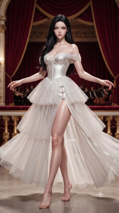 score_9, masterpiece, best quality, ultra-detailed, high-budget anime keyframe, editorial fashion photography, tasteful artistic composition, Korean woman. low angle full-body shot from head to toe showing her feet, filling the entire 9:16 vertical f