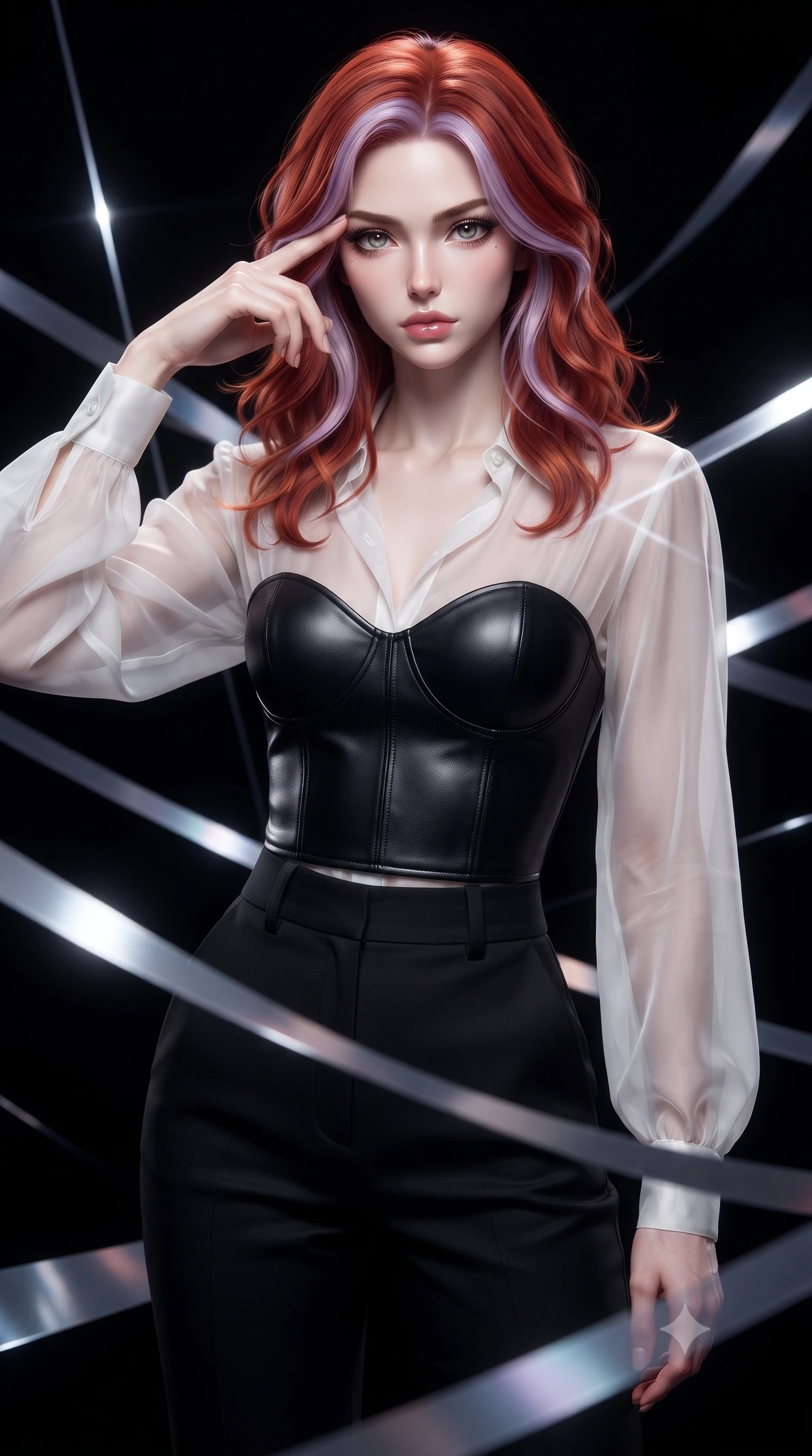 score_9, masterpiece, best quality, ultra-detailed, high-budget anime keyframe, editorial fashion photography, tasteful artistic composition, Caucasian woman. close-up cowboy shot from the waist and thighs up, the character dominates the composition, filling the frame with her large presence, background elements kept in soft focus. Pressing two fingers to her temple in a composed thoughtful gesture with an air of magnetic charisma navigating a maze of glowing silk ribbons that pulse to a cosmic rhythm, high-contrast black void background making the light threads pop brilliantly. She has an exceptionally elegant, slender, and willowy female figure with an ultra-slim waist, a gracefully sculpted slender torso, and a refined silhouette. sharp v-shaped jawline, high-bridge nose, intricate jewel-like eyes with depth, thick eyelashes, glossy lips with a natural sheen. wearing a tailored leather bustier over a sheer silk chiffon blouse with tailored slacks, the elegant draped fit framing her graceful clavicle and slender torso. bathed in sharp geometric laser grid highlights and soft ambient fill. ultra-reflective glossy finish, specular highlights, metallic sheen, high-contrast stereoscopic depth, volumetric dynamic lighting, 2k, ultra detail, master piece, 9:16 ratio