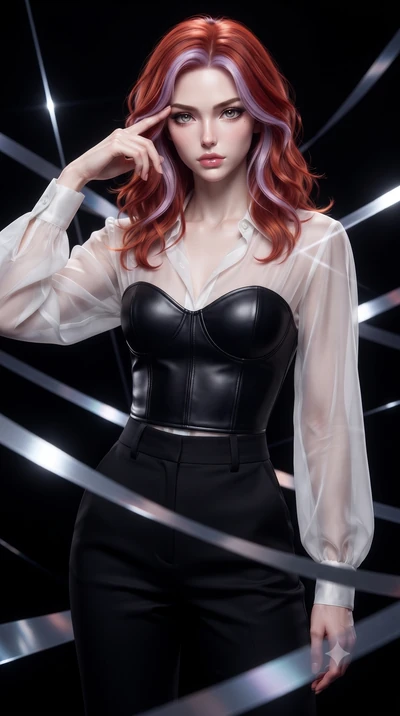 score_9, masterpiece, best quality, ultra-detailed, high-budget anime keyframe, editorial fashion photography, tasteful artistic composition, Caucasian woman. close-up cowboy shot from the waist and thighs up, the character dominates the composition,