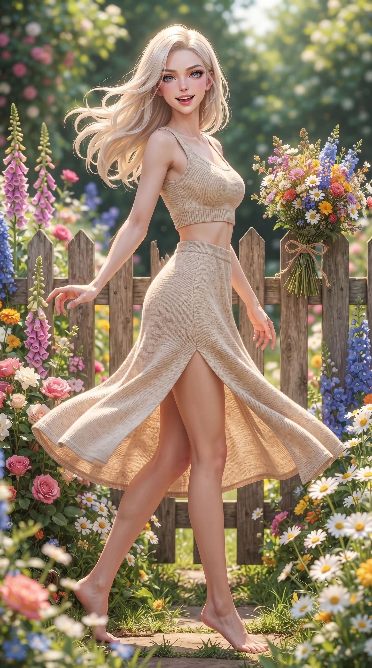 score_9, masterpiece, best quality, ultra-detailed, high-budget anime keyframe, editorial fashion photography, tasteful artistic composition, Caucasian woman. low angle full-body shot from head to toe showing her feet, filling the entire 9:16 vertical frame with her statuesque presence, stretching her vertical silhouette. twirling around with a playful, cute laugh, her skirt billowing beautifully in the air set against a soft-focus background of in a lovely cottage garden filled with mixed cottage flowers and wooden fences holding a beautiful wildflower bouquet tied with a simple twine ribbon. She has an absolutely perfect, statuesque 8.5-heads proportion, an exceptionally tall and slender model-like female figure with impossibly long slender legs and an ultra-slim waist. sharp v-shaped jawline, high-bridge nose, intricate jewel-like eyes with depth, thick eyelashes, glossy lips with a natural sheen. wearing form-contouring crop top in oatmeal knit paired with a flowy midi skirt featuring a high side slit. bright midday sun rays highlighting the vibrant colors of the flowers. highly saturated vibrant anime colors, detailed shading with soft gradients, rich glossy textures, high-contrast stereoscopic depth, volumetric dynamic lighting, master piece, 9:16 ratio