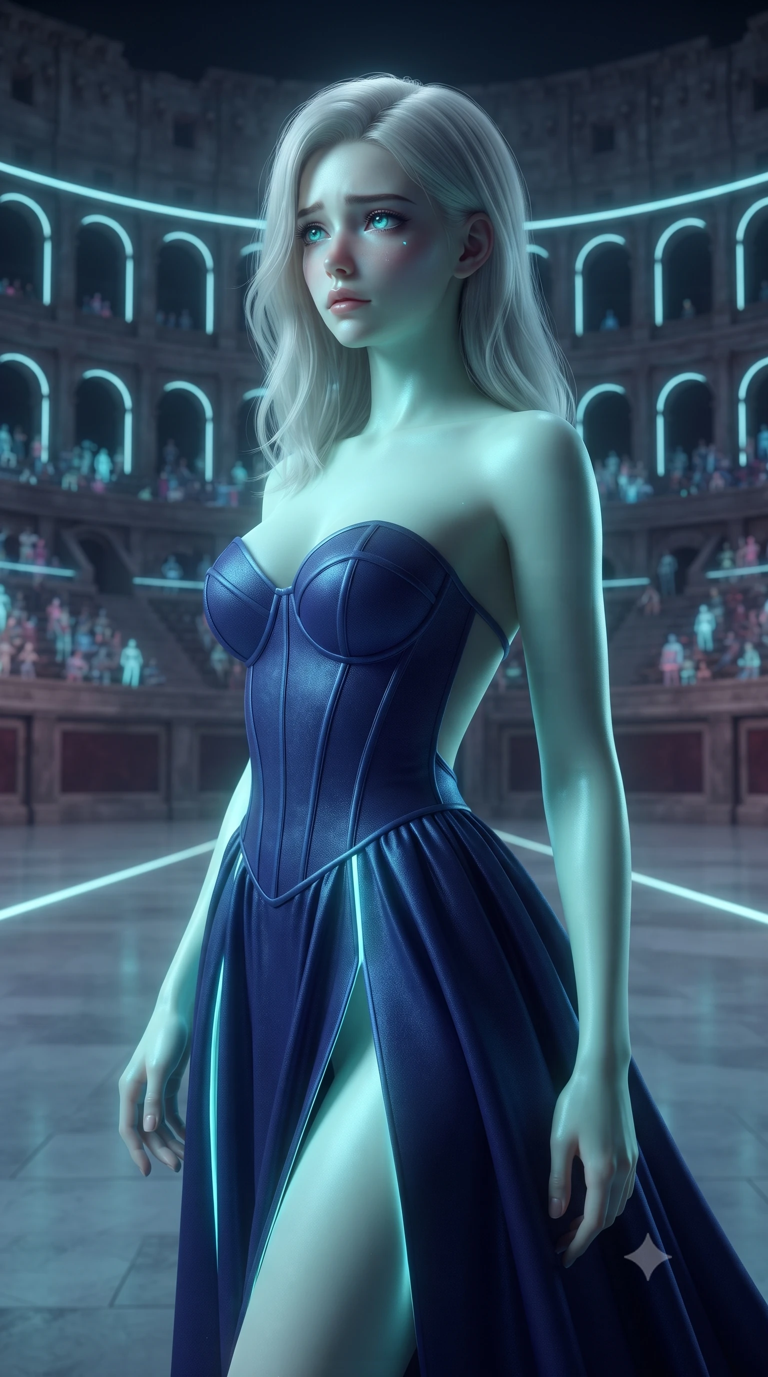 score_9, masterpiece, best quality, ultra-detailed, high-budget anime keyframe, editorial fashion photography, tasteful artistic composition, Caucasian woman, strictly human ears. close-up cowboy shot from the waist and thighs up, the character dominates the composition, filling the frame with her large presence, background elements kept in soft focus. Gazing into the distance with a wistful melancholic expression and softly glowing eyes. set against a soft-focus background of the Roman Colosseum reimagined as a futuristic entertainment arena with holographic spectators filling the ancient stone tiers neon light strips tracing every arch and the arena floor a smooth reflective surface. She has an exceptionally elegant and slender, willowy female figure with an ultra-slim waist, a gracefully sculpted slender torso, and a refined slim physique. sharp v-shaped jawline, high-bridge nose, intricate jewel-like eyes with depth, thick eyelashes, glossy lips with a natural sheen. wearing a structured bustier gown in deep indigo blue, featuring a boned bodice, a daring high front slit, and an open back. soft aqua bioluminescent light making her skin luminously glow against darkness. 2k, ultra detail, master piece, 9:16 ratio