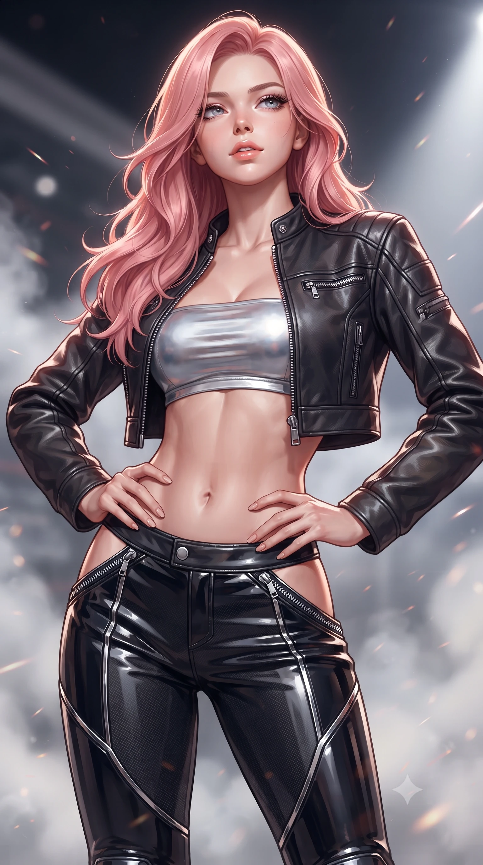 score_9, masterpiece, best quality, ultra-detailed, high-budget anime keyframe, editorial fashion photography, tasteful artistic composition, Japanese woman. close-up cowboy shot from the waist and thighs up, the character dominates the composition, filling the frame with her large presence. tilting her chin up with proud, sovereign allure while gazing through thick eyelashes with an irresistible, dangerous bedroom-gaze while twisting her athletic torso in an alluring S-curve while resting both hands on her hips, looking past the camera with fearless allure. The composition keeps background elements in soft focus with creamy bokeh. swirling smoke rings and burning rubber particulate catching laser beam motes across the circuit. She has an exceptionally elegant, slender, and willowy female figure with an ultra-slim waist, a gracefully sculpted slender torso, toned flat midriff, and a refined slim silhouette. sharp v-shaped jawline, high-bridge nose, intricate jewel-like eyes with depth, thick eyelashes, glossy parted lips with a natural sheen, intensely captivating and seductive expression, flawlessly proportioned anatomical accuracy, strict slender model proportions, natural body alignment, perfectly sculpted long slender limbs, ultra-slim waistline, clean dynamic posture without body distortion. wearing a cropped leather racing jacket unzipped over a reflective silver bandeau top and low-rise carbon track pants in pitch-black vinyl and specular chrome trim, tailored from abrasion-resistant Kevlar weave with glossy protective panels, accented with diagonal metal zippers running across the side-waist cutouts, the athletic second-skin cut highlighting her toned flat midriff and slender model proportions during dynamic action. bathed in dynamic color-shifting LED race lights and sweeping white spotlight fill. ultra-reflective glossy finish, specular highlights, rich textural contrasts, high-contrast stereoscopic depth, volumetric dynamic lighting, 2k, ultra detail, master piece, 9:16 ratio