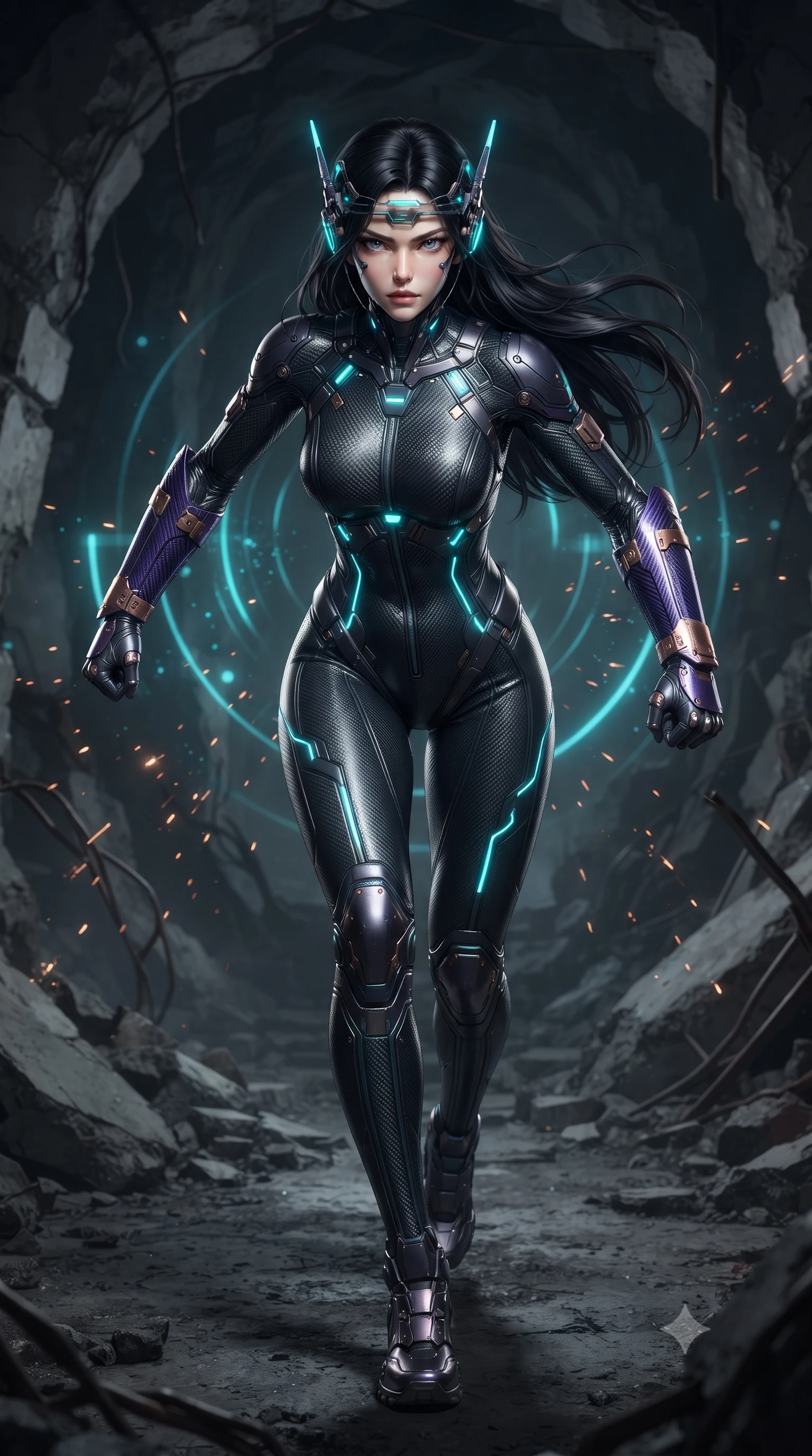 score_9, masterpiece, best quality, ultra-detailed, high-budget anime keyframe, editorial fashion photography, tasteful artistic composition, Korean woman. low angle full-body shot from head to toe showing her feet, filling the entire 9:16 vertical frame with her statuesque presence, stretching her vertical silhouette. striding forward with sovereign warrior elegance in a low, predatory combat advance through the ruins, hips swaying with fierce athletic poise while pivoting dynamically as her cybernetic ear-sensor crown pulses with rhythmic cyan sonar waves that ripple through the gloom. The composition keeps background elements in soft focus with creamy bokeh. sparkling sonar pulse rings and grinding metal sparks scattering light motes across a dark cavern backdrop. She has an absolutely perfect, statuesque 8.5-heads proportion, an exceptionally tall and slender model-like female figure with impossibly long slender legs, a toned flat midriff, and an ultra-slim waist. sharp v-shaped jawline, high-bridge nose, intricate jewel-like eyes with depth, thick eyelashes, glossy lips with a natural sheen, fierce and resolute heroine expression, flawlessly proportioned anatomical accuracy, strict slender model proportions, natural body alignment, perfectly sculpted long slender limbs, ultra-slim waistline, clean dynamic posture without body distortion. wearing a lightweight carbon-fiber tactical sensory headpiece with glowing cyan ear-antennae and an ultra-thin forehead HUD brow-band, paired with a skin-tight dark carbon-weave combat bodysuit with glowing neon energy conduits and reinforced Damascus-pattern forearm strike guards in royal purple carbon fiber with distressed rose-gold hardware and buckles, tailored from flexible second-skin ballistic carbon-mesh adhering flawlessly to her athletic build, detailed with kinetic shock-dampening knuckle guards and polished chrome connection joints, the form-contouring material adhering flawlessly to her sculpted flat midriff and slender torso, emphasizing her long leg lines and perfectly proportioned willowy build. surrounded by a gritty, dangerous, and irresistibly powerful cybernetic queen of the underworld aura. ultra-reflective glossy finish, specular highlights, dark metallic sheen, high-contrast stereoscopic depth, volumetric dynamic lighting, 2k, ultra detail, master piece, 9:16 ratio