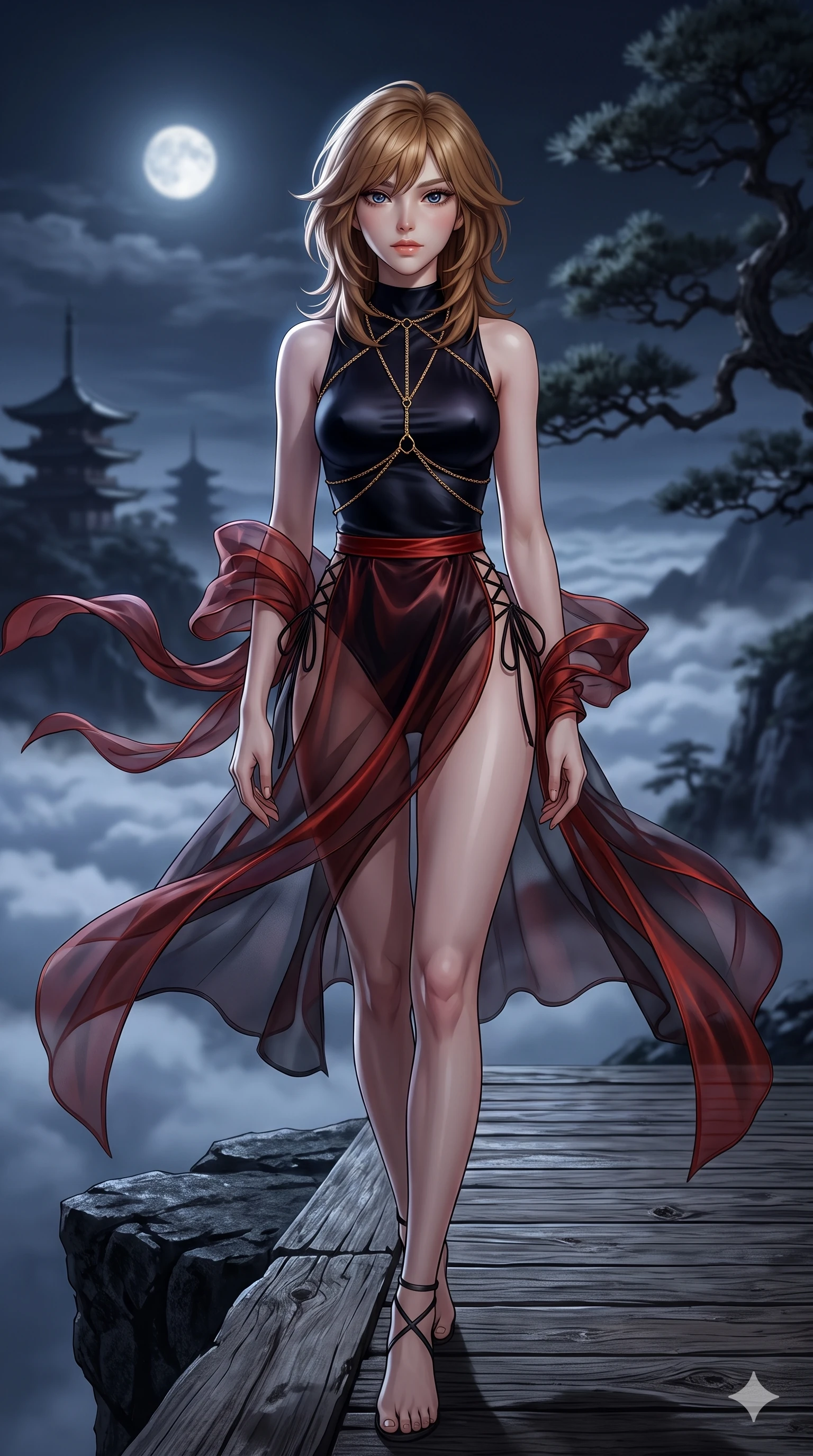 score_9, masterpiece, best quality, ultra-detailed, high-budget anime keyframe, semi-realistic 3D game render, editorial fashion photography, tasteful artistic composition, Korean woman. low angle full-body shot from head to toe showing her feet, filling the entire 9:16 vertical frame with her statuesque presence, stretching her vertical silhouette. striding across the moonlit timber deck as nocturnal breezes whip her garments open, accentuating her long slender legs and curvy hips while standing tall on the outer granite precipice, arching her spine with sovereign supermodel grace as mountain gales whip through her hair. The background shows a soft-focus sea of moonlit clouds filling the valley below, distant multi-tiered pagoda silhouettes, and gnarled ancient pines blurred into silver, indigo, and charcoal bokeh. She has an absolutely perfect, statuesque 8.5-heads proportion, an exceptionally tall and slender model-like female figure with impossibly long slender legs, an ultra-slim waist, a flat toned midriff, narrow delicate ribcage, and beautifully sculpted feminine hips creating a graceful, slim hourglass silhouette without any bulky heaviness. sharp v-shaped jawline, high-bridge nose, sparkling eyes with hypnotic seductive depth, thick curled eyelashes, glossy parted lips with a natural dewy peach sheen, alluring bedroom-eyes with an enchanting coquettish smile, exuding magnetic siren charisma and sophisticated glamour, flawlessly proportioned anatomical accuracy, strict slender model proportions, natural body alignment, perfectly sculpted long slender limbs, ultra-slim waistline, clean dynamic posture without body distortion. wearing a provocative sheer nobang organza wrap overskirt layered over a form-fitting silk leotard with bare hip flanks in midnight obsidian black and rich cinnabar red, featuring fine criss-cross lace-up side ties revealing tantalizing glimpses of her hip curve, accented with a gold body chain harness subtly framing her dewy collarbones and spine, the liquid-tight tailored fabric clinging flawlessly to her narrow waist and rounded feminine hips, emphasizing every millimeter of her sculpted slim hourglass curves without any bulky heaviness. bathed in crisp, unhindered 6000K mountain full-moon light casting dramatic razor-sharp shadows across the rock face. highly saturated vibrant anime colors, detailed shading with soft gradients, rich glossy textures, high-contrast stereoscopic depth, volumetric dynamic lighting, master piece, 9:16 ratio