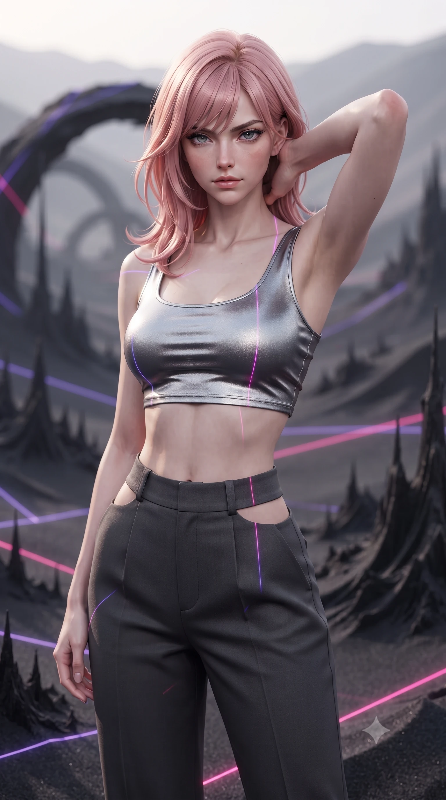 score_9, masterpiece, best quality, ultra-detailed, high-budget anime keyframe, editorial fashion photography, tasteful artistic composition, Japanese woman. close-up cowboy shot from the waist and thighs up, the character dominates the composition, filling the frame with her large presence, background elements kept in soft focus. Placing one hand behind her head with confident body language and a direct stare. set against a soft-focus background of a valley filled with jet-black magnetic sand that rises in hypnotic patterns forming spires waves and impossible arching structures responding to unseen magnetic forces creating a landscape of dark geometric beauty. She has an exceptionally elegant and slender, willowy female figure with an ultra-slim waist, a gracefully sculpted slender torso, and a refined slim physique. sharp v-shaped jawline, high-bridge nose, intricate jewel-like eyes with depth, thick eyelashes, glossy lips with a natural sheen. wearing a metallic silver crop top paired with high-waisted charcoal trousers featuring side waist cutouts. laser lines of violet and hot pink reflecting off surfaces casting geometric neon highlights. 2k, ultra detail, master piece, 9:16 ratio