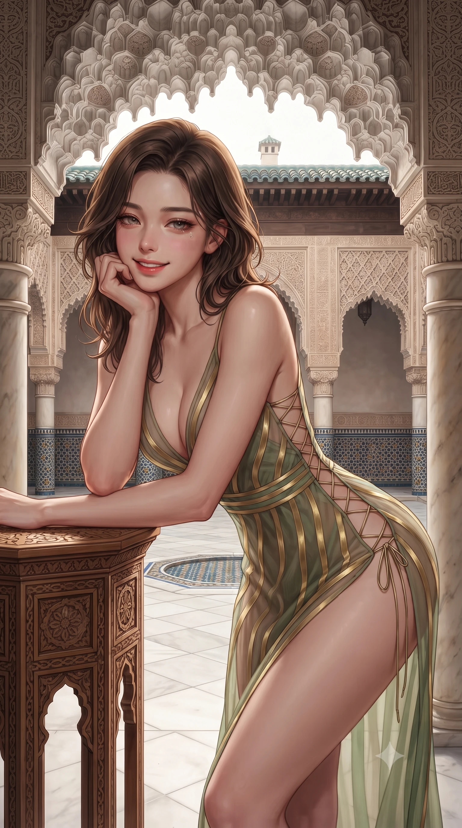 score_9, masterpiece, best quality, ultra-detailed, high-budget anime keyframe, editorial fashion photography, tasteful artistic composition, Korean woman. close-up cowboy shot from the waist and thighs up, the character dominates the composition, filling the frame with her large presence. resting one elbow on the table and supporting her chin, leaning close to the camera with heavy-lidded sparkling eyes and parted lips while leaning against the carved alabaster arcade pillar with hips cocked back, looking across the tranquil central courtyard with heavy-lidded bedroom-eyes. The surrounding environment is rendered in vivid detail and crisp panoramic clarity: sharp hand-carved muqarnas plaster honeycomb vaults, glazed blue-and-gold zellij tile wainscoting, and white marble column capitals in deep focus. She has an exceptionally elegant, slender, and willowy female figure with an ultra-slim waist, flat toned midriff, narrow ribcage, and sculpted feminine hips creating an alluring, slim hourglass silhouette without bulk. sharp v-shaped jawline, high-bridge nose, intricate jewel-like sparkling eyes with depth, thick eyelashes, glossy parted lips with a natural peach sheen, bright cheerful beaming smile with an enchanting and coquettish sensual glint, exuding both youthful cute charm and seductive allure, flawlessly proportioned anatomical accuracy, strict slender model proportions, natural body alignment, perfectly sculpted long slender limbs, ultra-slim waistline, clean dynamic posture without body distortion. wearing a plunge-front sheer illusion tulle slip dress with liquid gold ribbon stripes hugging her curves in Japanese hinoki cedar honey and Kyoto matcha jade, crafted from bespoke double-faced cashmere with an exceptionally soft tactile finish, featuring fine criss-cross lace-up side ties revealing tantalizing glimpses of her hip curve, the high-slit wrap tailoring accentuating her ultra-slim waistline and the enchanting curve of her feminine hips with alluring seductive charm. illuminated by white marble floor reflection bounce and sharp platinum-gold rim lights sculpting her razor-sharp jawline, narrow waist, and curvy hips. ultra-reflective glossy finish, specular highlights, rich textural contrasts, high-contrast stereoscopic depth, volumetric dynamic lighting, 2k, ultra detail, master piece, 9:16 ratio